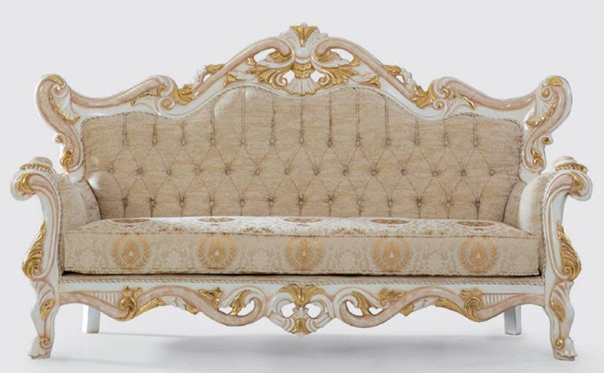 Casa Padrino Sofa Luxus Barock Sofa Beige / Weiß / Gold 225 x 90 x H. 128 cm - Handgefertigtes Wohnzimmer Sofa mit elegantem Muster - Barock Wohnzimmer Möbel - Edel & Prunkvoll