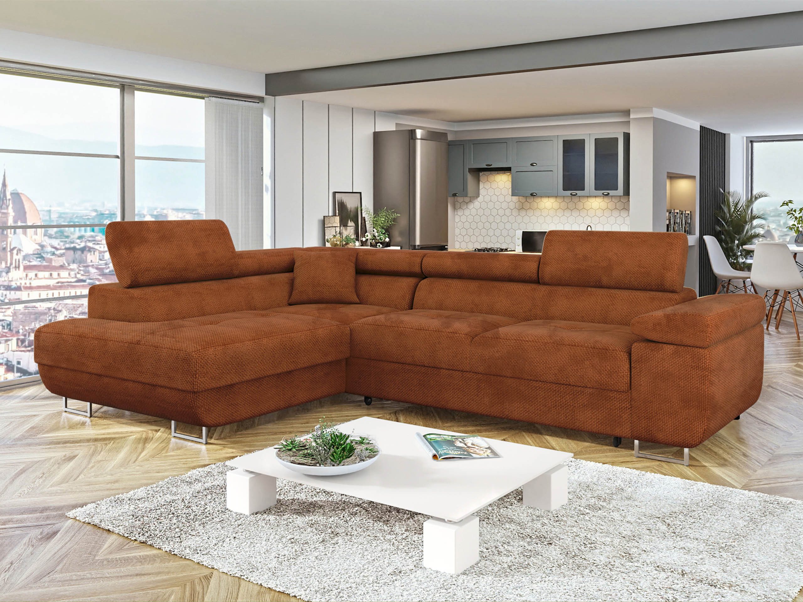 MIRJAN24 Ecksofa Torezio, mit Bettkasten und Schlaffunktion, Einstellbare Kopfstützen, 274x203x70-90 cm