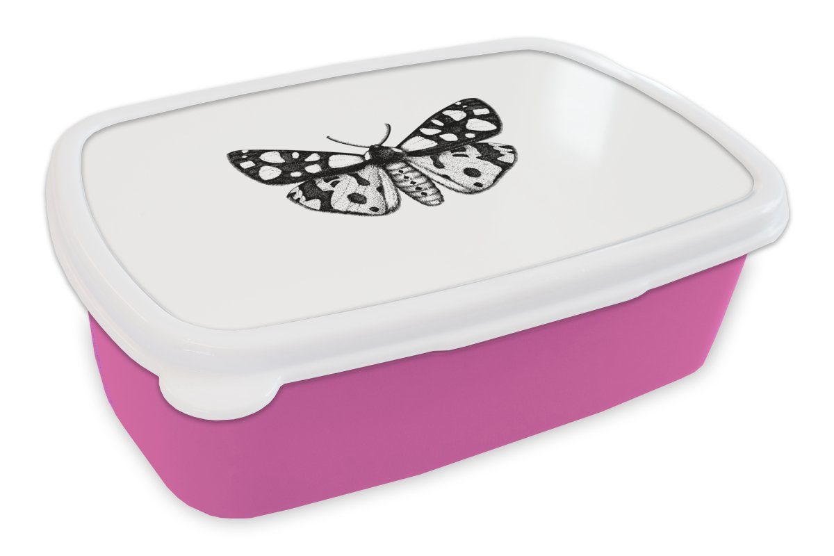 MuchoWow Lunchbox Schmetterling - Vintage - Schwarz und weiß, Kunststoff, (2-tlg), Brotbox für Erwachsene, Brotdose Kinder, Snackbox, Mädchen, Kunststoff rosa