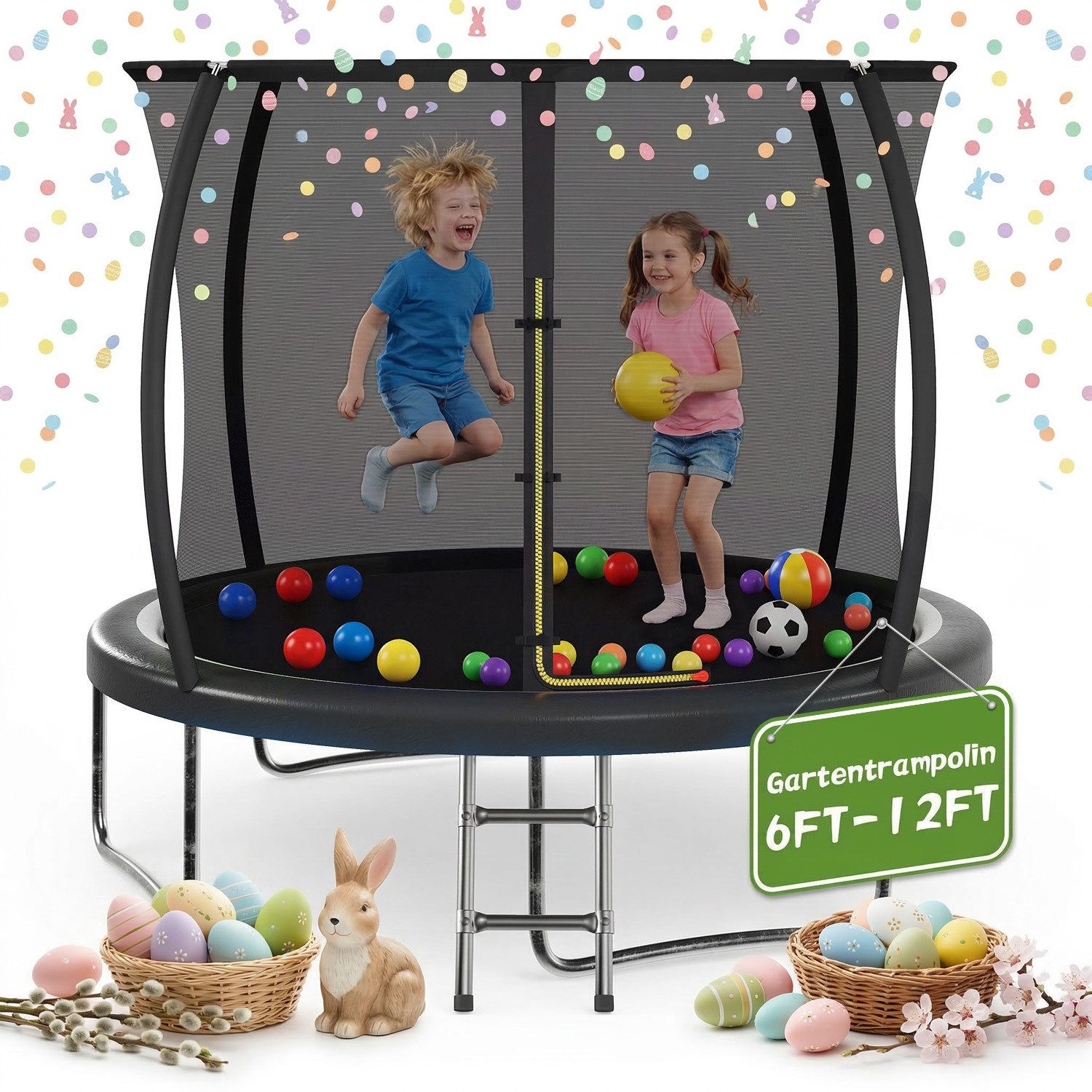 HOMALL Gartentrampolin Kindertrampolin Outdoor-Trampolin Durchmesser: 183/220/290/360 cm, Ø 183 cm, (Durchmesser 183 cm (mit Sicherheitsnetz und Schutzhaube, Tragkraft 50 kg/150 kg, 360°-Sicherheitsnetz, erhältlich in Schwarz/Blau/mehrfarbig) -ostern geschenke)