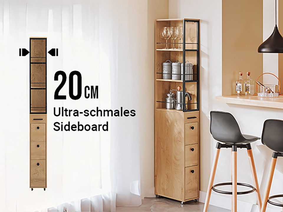 SoBuy Hochschrank NSR13, Küchenwagen, Badrollwagen, Badezimmerregal, Schmales Regal Nischenregal mit 3 Schubladen Küchenregal Nischenwagen Rollwagen – Bild 4 von 5