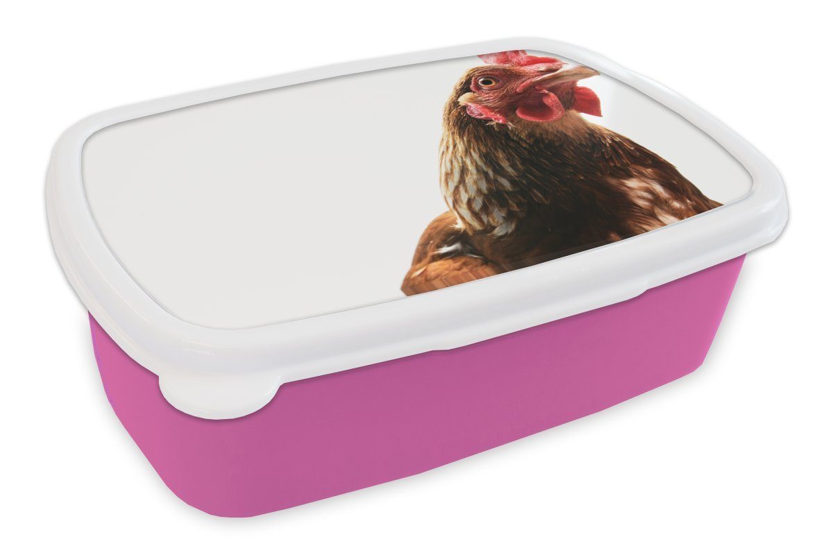 - Lunchbox Snackbox, Brotbox Erwachsene, - Federn, MuchoWow Bauernhoftiere Kunststoff, für (2-tlg), Kunststoff Hahn Mädchen, rosa Brotdose Kinder,