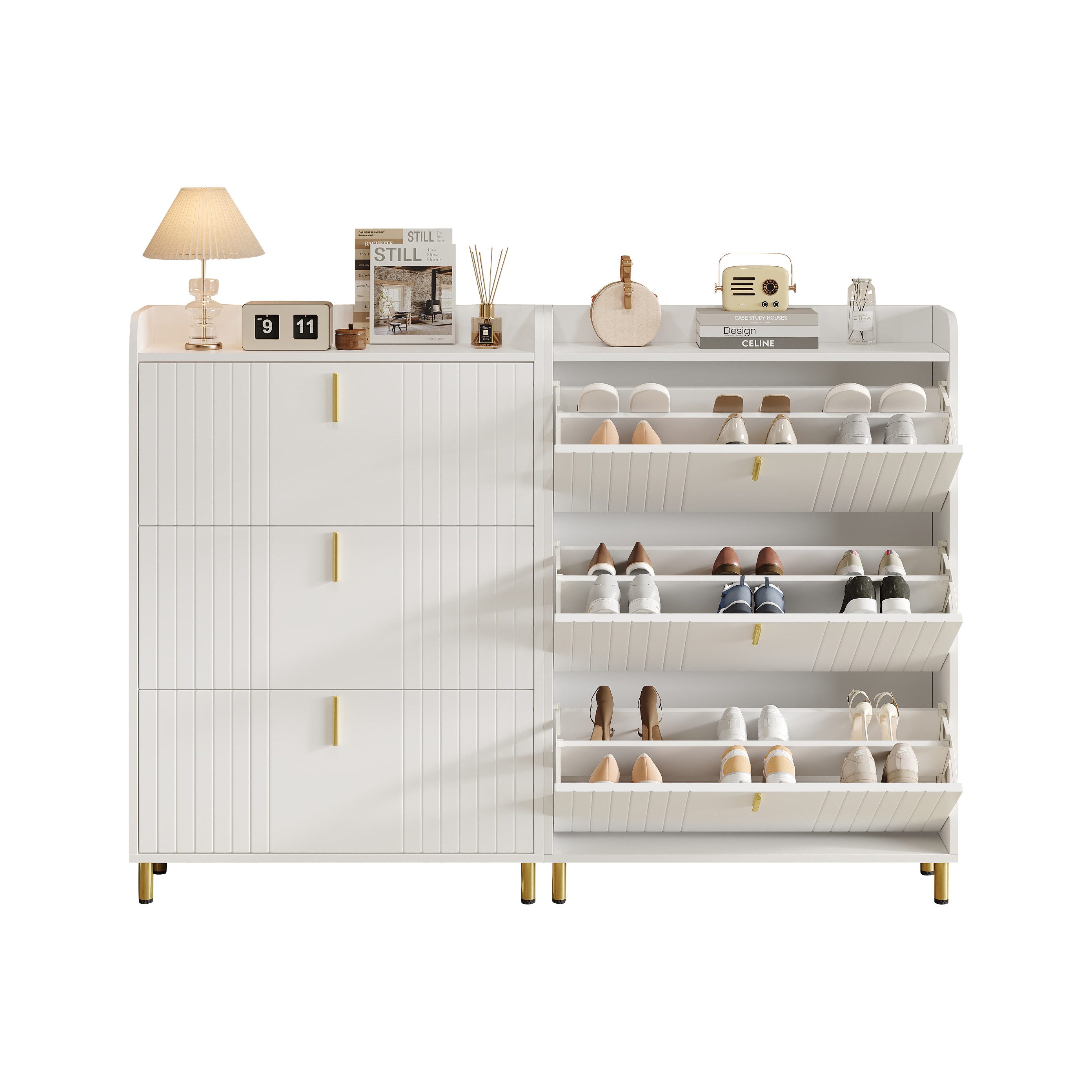 Merax Schuhschrank mit 3 Klappen, verstellbaren Regalen und Ablage (2-St) Schuhregal Schuhkommode mit goldenen Akzenten, mattweiß
