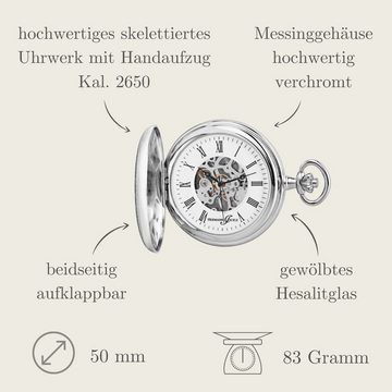 Hermann Jäckle Taschenuhr Bayreuth II Skelett Handaufzug Mineralglas, (mit Kette und Reiseetui)