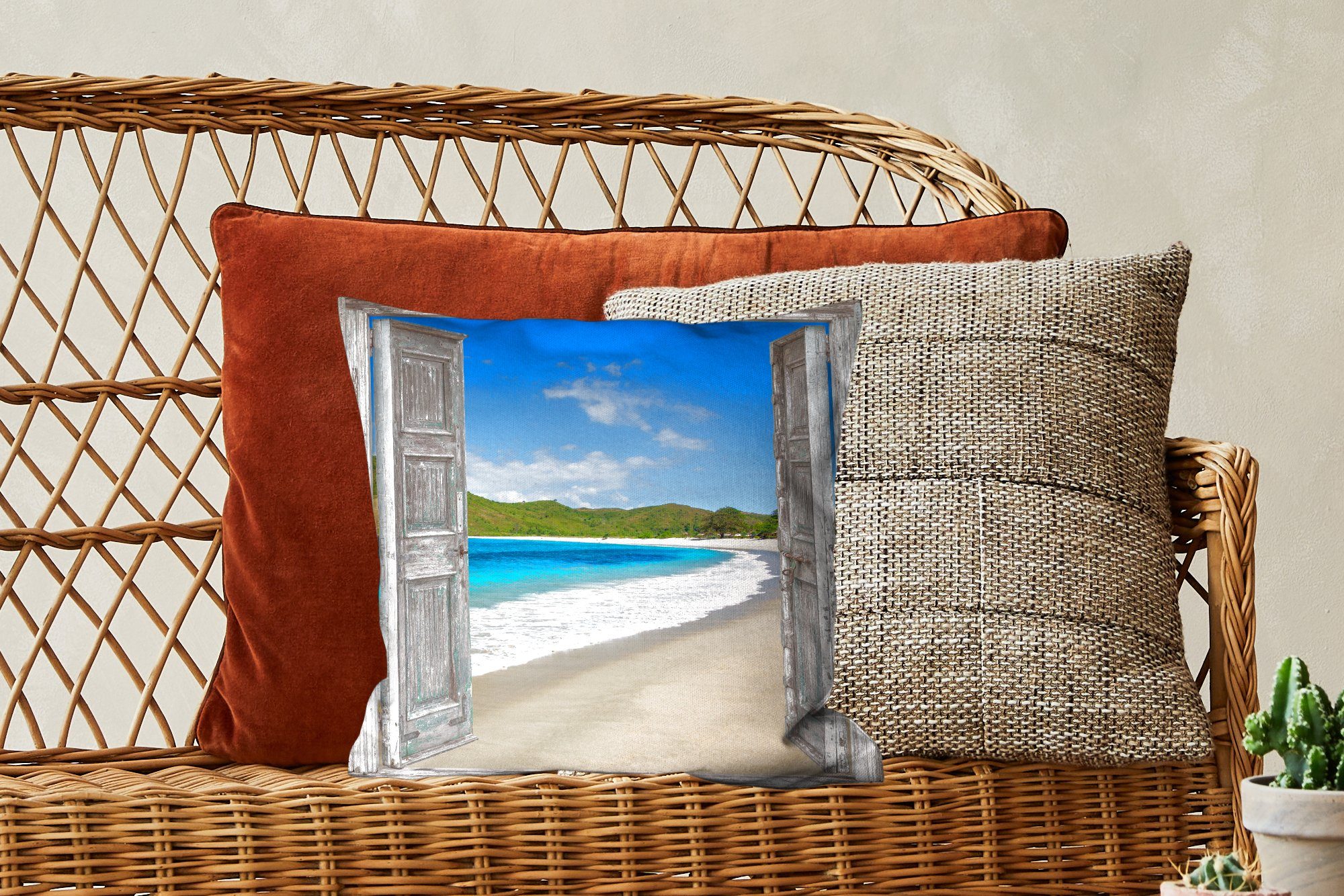 Tropen Strand, - Meer - für Wohzimmer, Füllung - Sofakissen Schlafzimmer, mit Deko, Blick Zierkissen MuchoWow Dekokissen