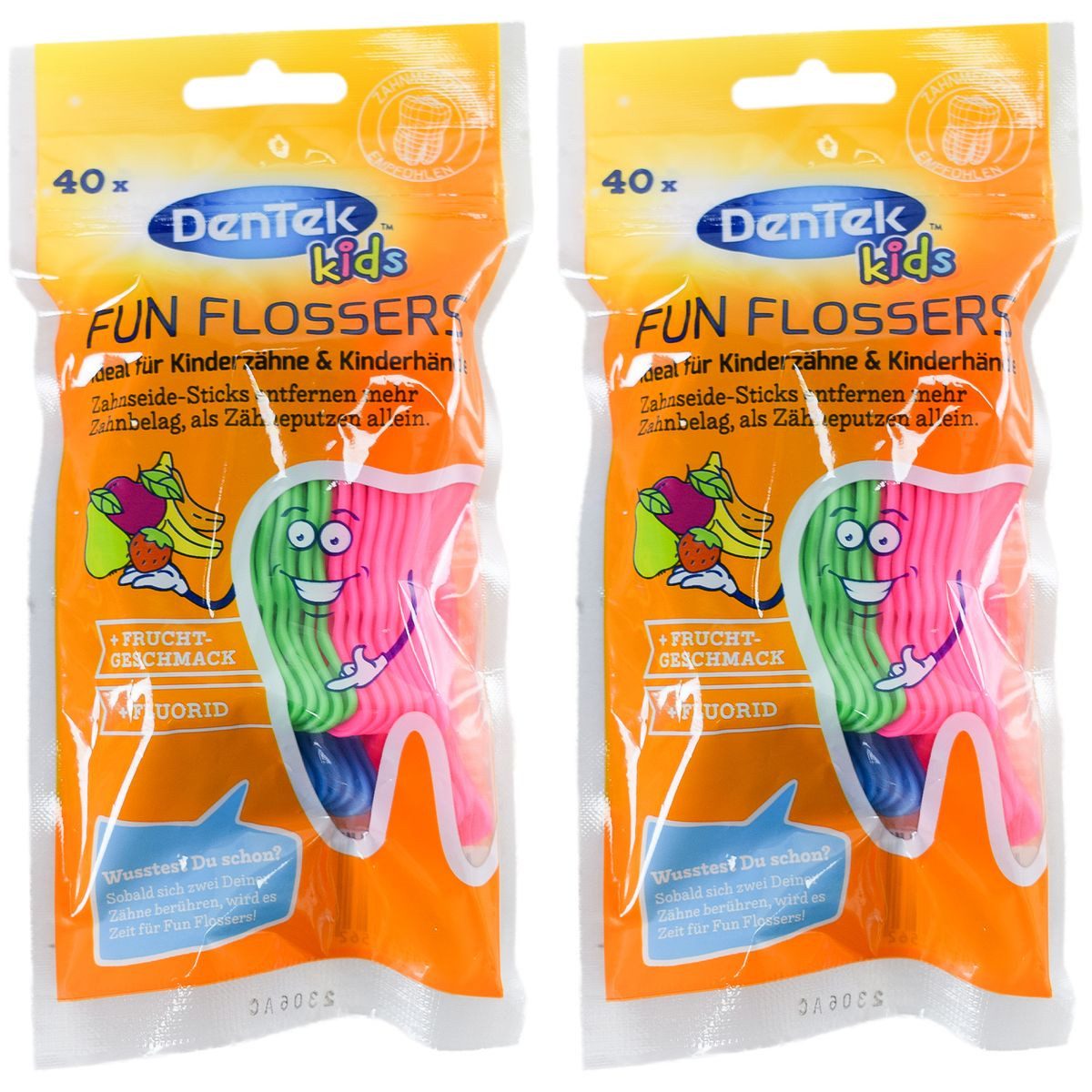 Marabellas Shop Zahnseide-Stick DenTek Kids Fun Flossers Zahnseide-Sticks 40er 2er-Pack für Kinder, mit Frucht-Geschmack