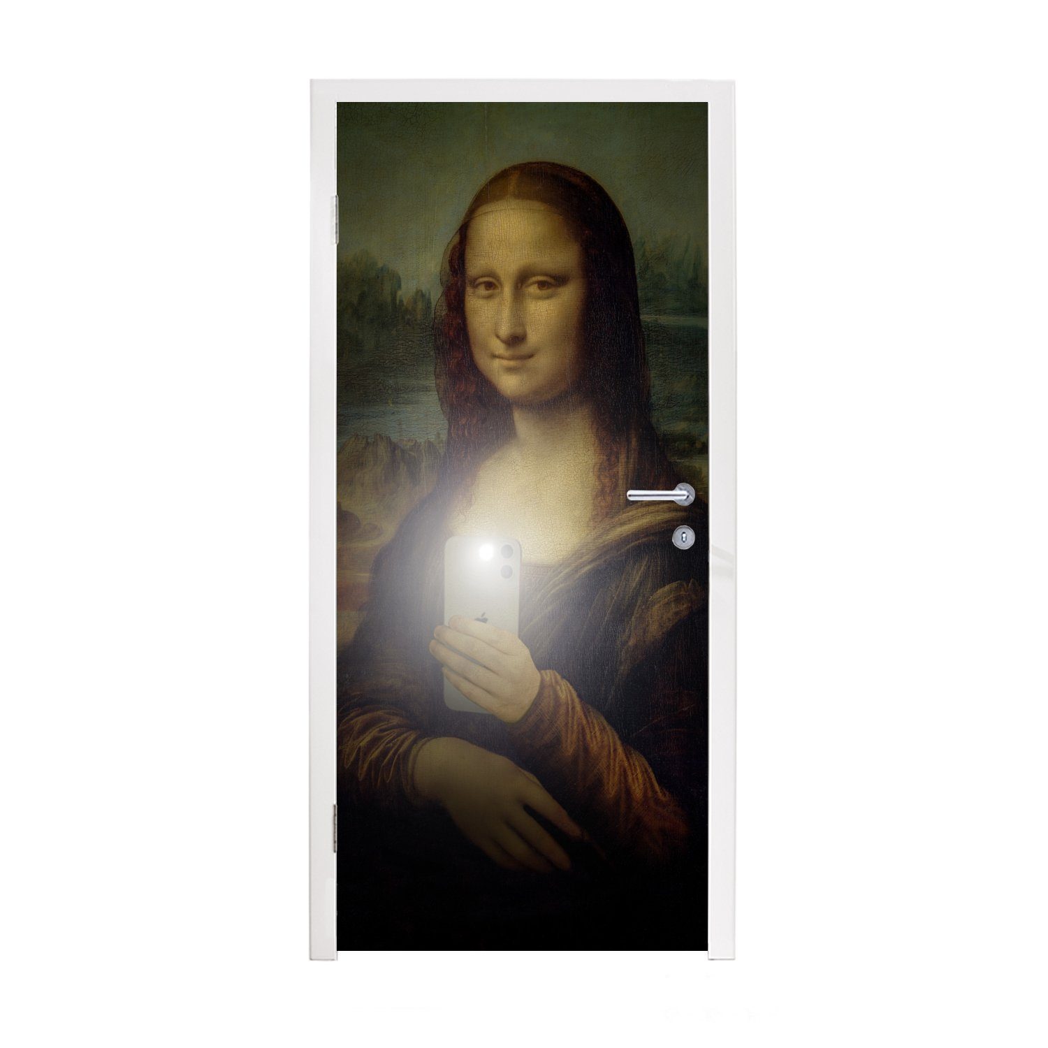 MuchoWow Türtapete Mona Lisa - Da Vinci - Telefon, Matt, bedruckt, (1 St), Fototapete für Tür, Türaufkleber, 75x205 cm