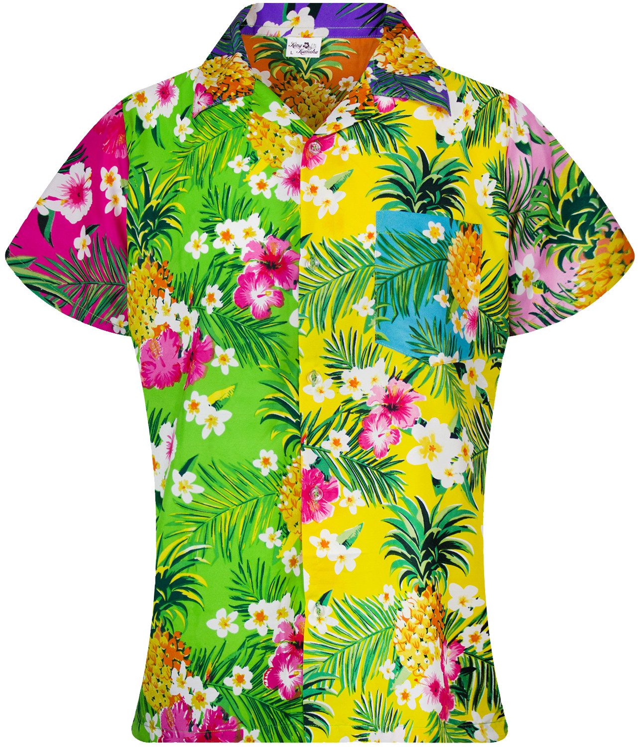 King Kameha Hawaiihemd Pineapple Flowers Funky Hawaiibluse Damen Kurzarm Front-Tasche Stylish