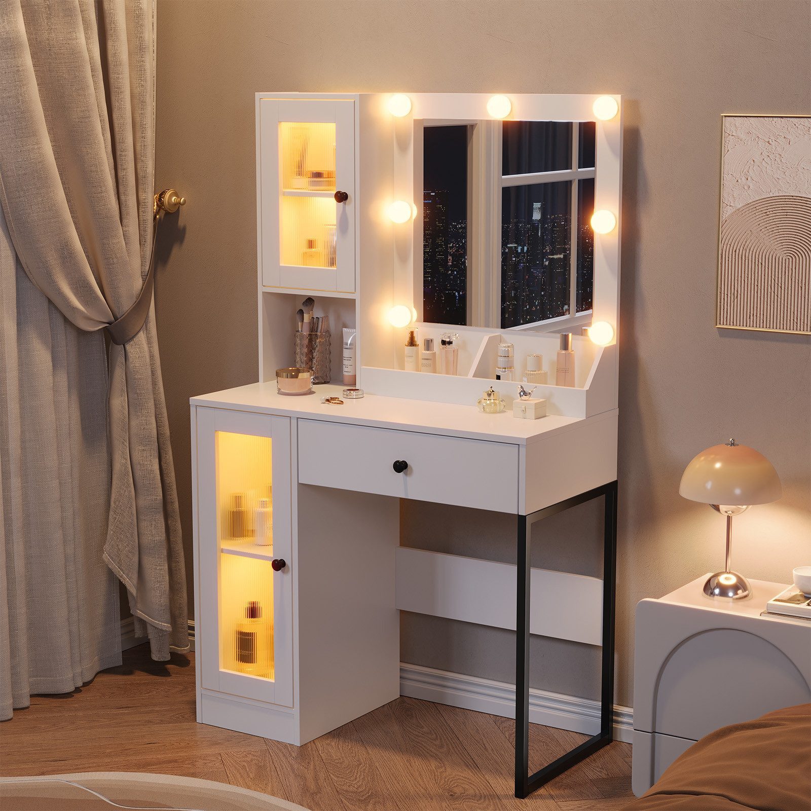 GarveeMore Schminktisch mit kratzfestem Spiegel, 3-farbiges LED Licht & stufenlose Dimmung (Weiß/Braun), 1 Schublade & 2 Schränke mit Glastüren & 3 offene Fächer