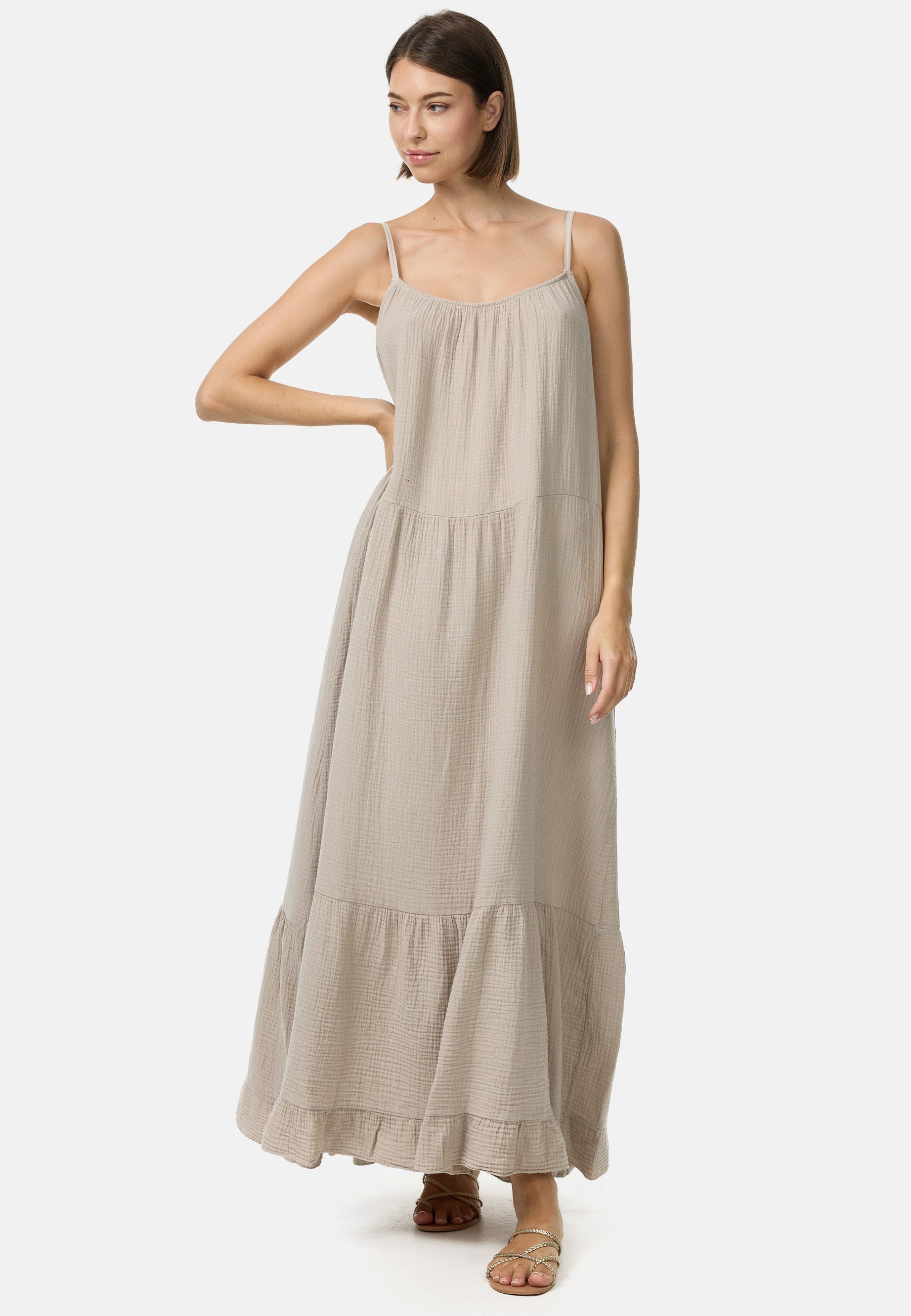 Rayshyne Maxikleid PM48 (Romantisches Maxikleid aus Musselin mit Spaghettiträgern) mit Rüschen, Atmungsaktiv, Hautfreundlich