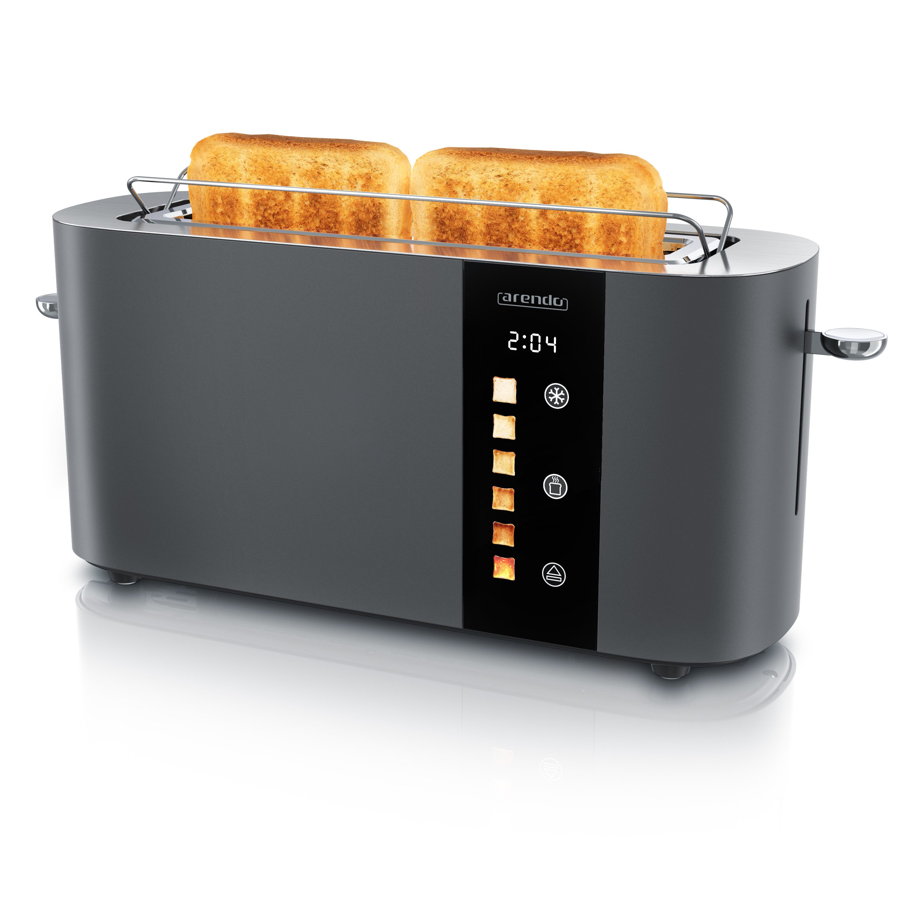 Arendo Toaster 2-Scheiben Edelstahl Langschlitz, Touch, Restzeit Bräunungsgradanzeige, 1 langer Schlitz, für 2 Scheiben, 1000 W, Brötchenaufsatz, Wärmeisoliert, Toast-Symbole für Bräunungsgradauswahl
