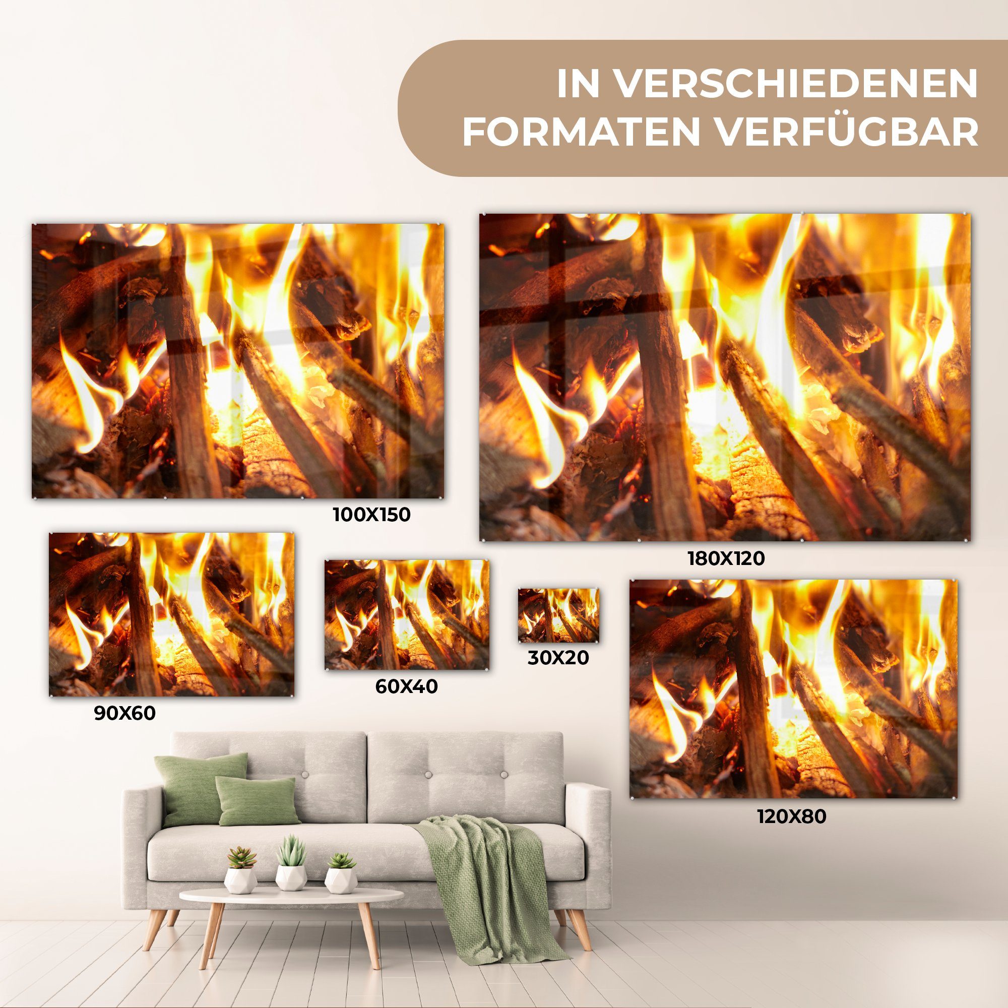 MuchoWow Acrylglasbild Ein Kamin & mit Schlafzimmer Feuer, Acrylglasbilder (1 Wohnzimmer St)