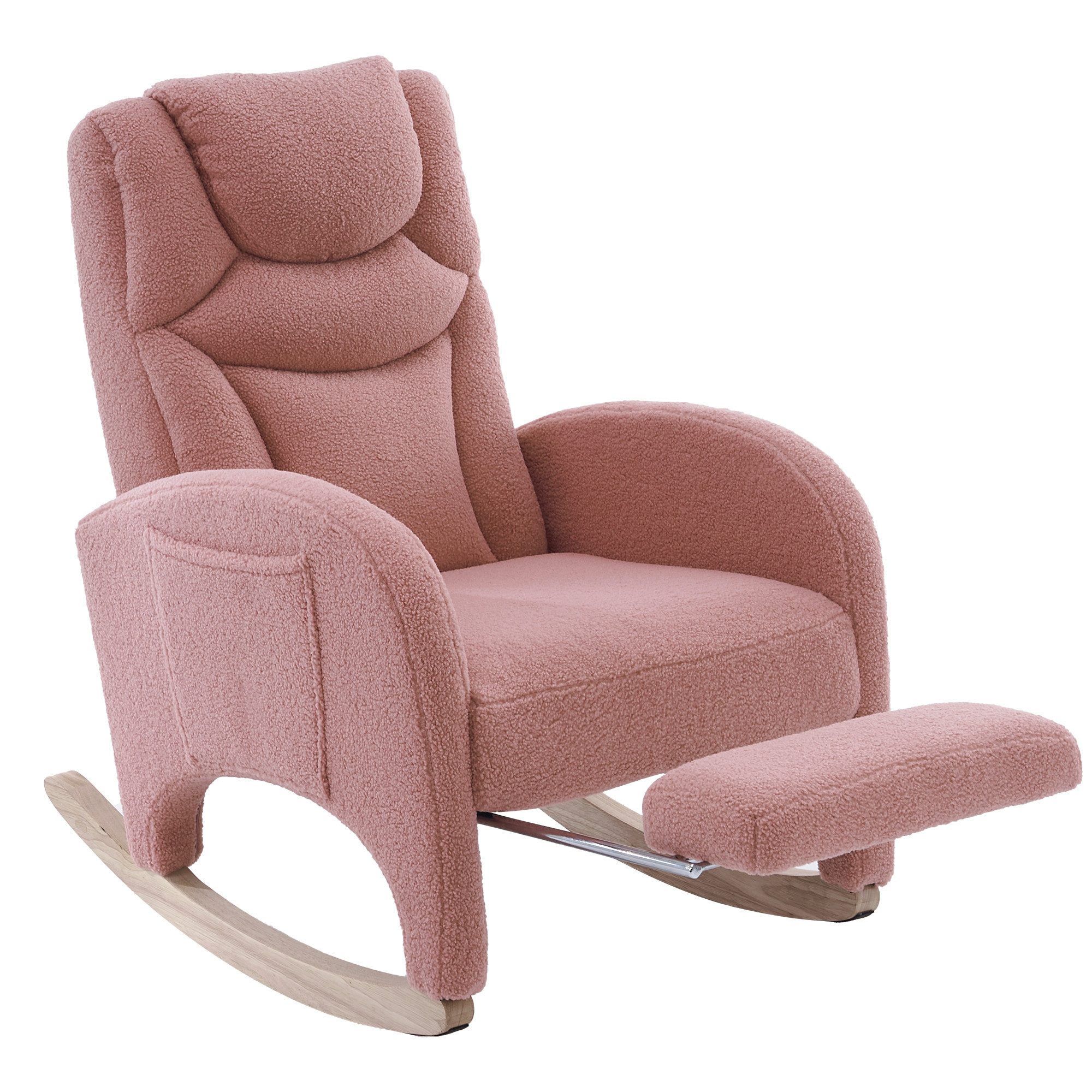 DEKKETO Schaukelstuhl Teddy, Schaukelsessel mit Kopfstütze, Fußstütze und Hocker (1 St), großer Relax Stillstuhl Wohnzimmer, Stillstuhl mit Seitentasche