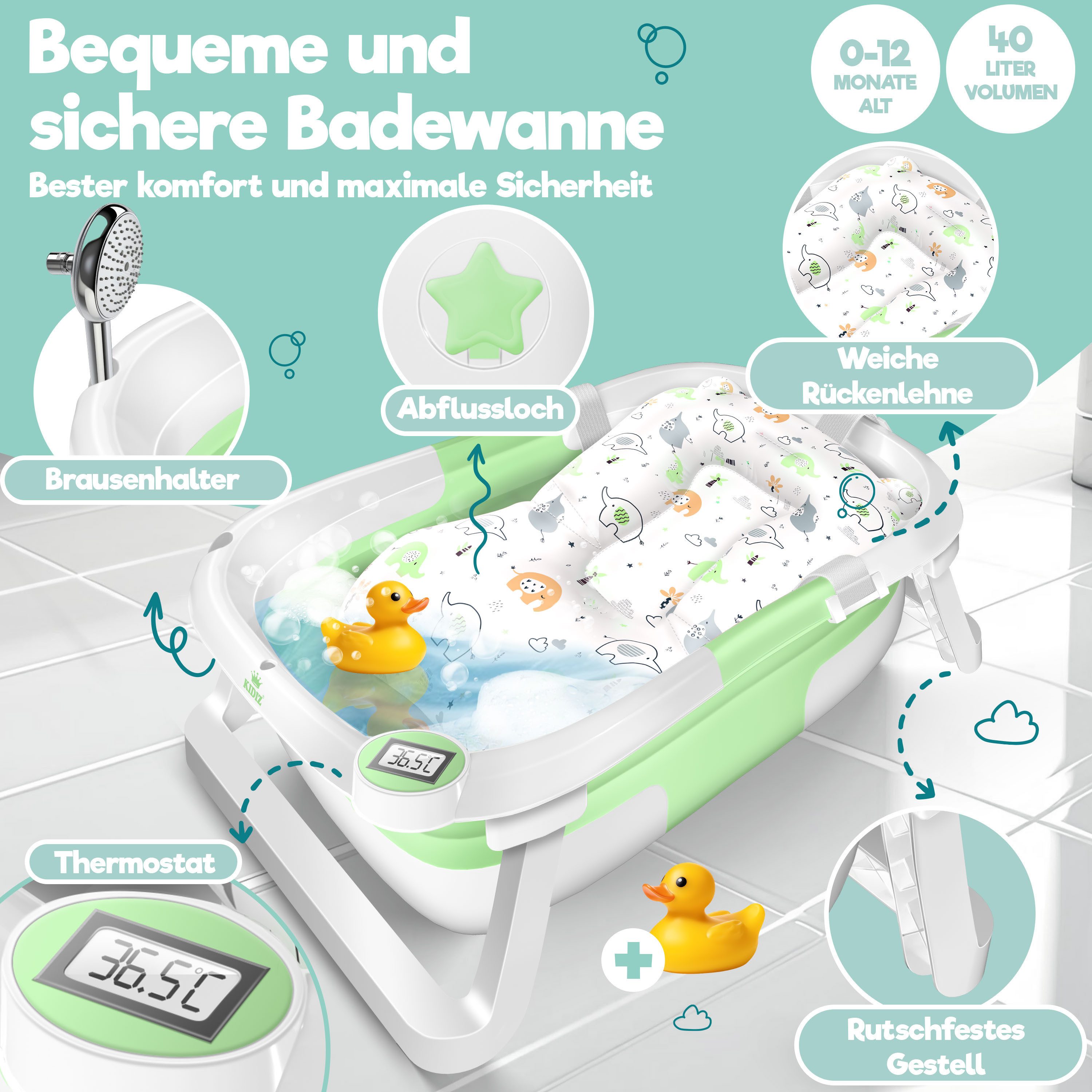 KIDIZ Babybadewanne, Baby Badewanne für Neugeborene Kleinkinder 0-12 Monate Babywanne