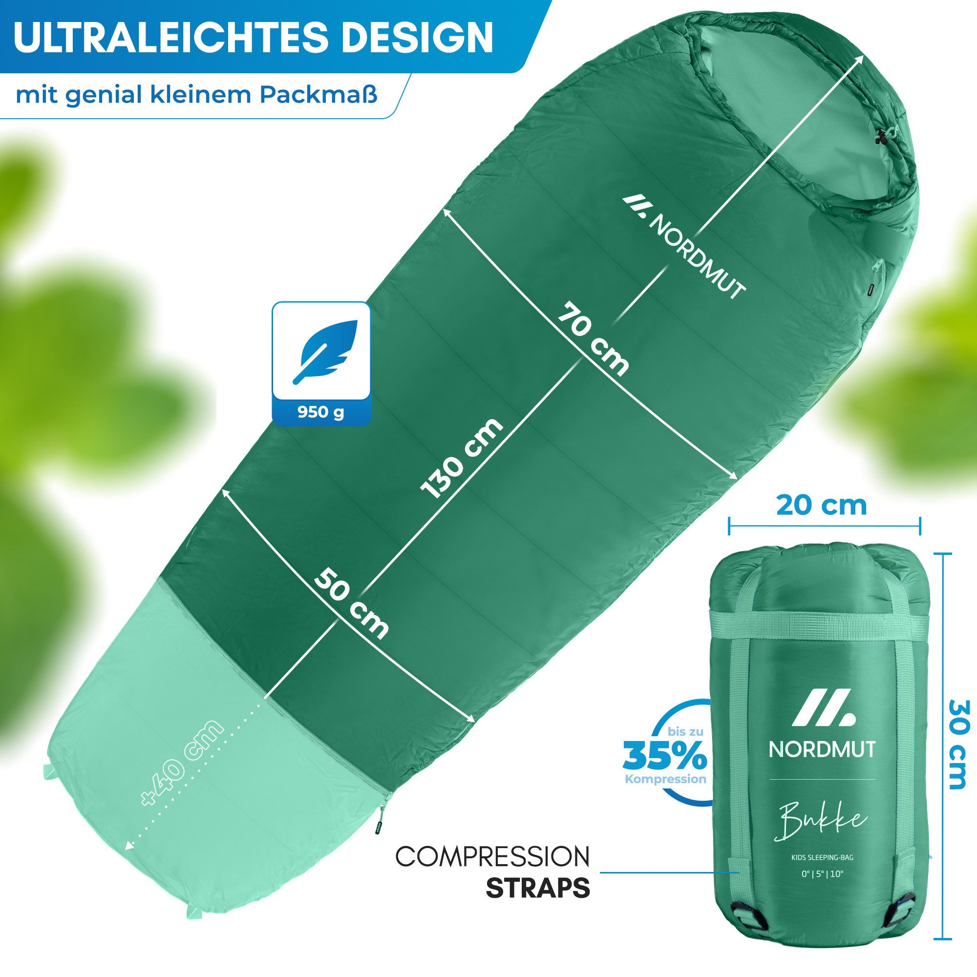 Nordmut Mumienschlafsack für Kinder mitwachsend, 3 Jahreszeiten, Camping Outdoor, leicht, warm (Spar-Set, 1 tlg., Nordmut Bukke + Kompressionsbeutel + Sticker), – Bild 5 von 5