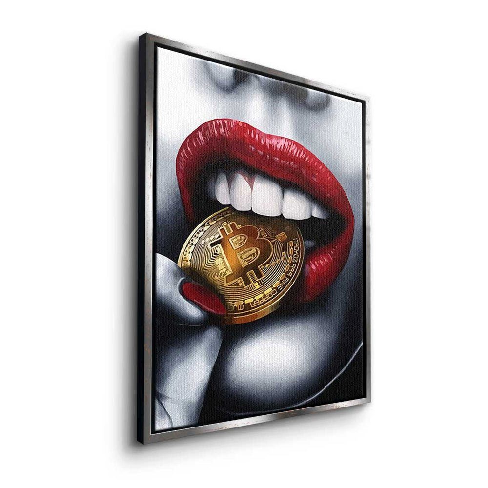 mit Bitcoin Leinwandbild elegant DOTCOMCANVAS® Crypto rote Leinwandbild Girl, Bitcoin Rahmen Erotik girl silberner Lippen Münze