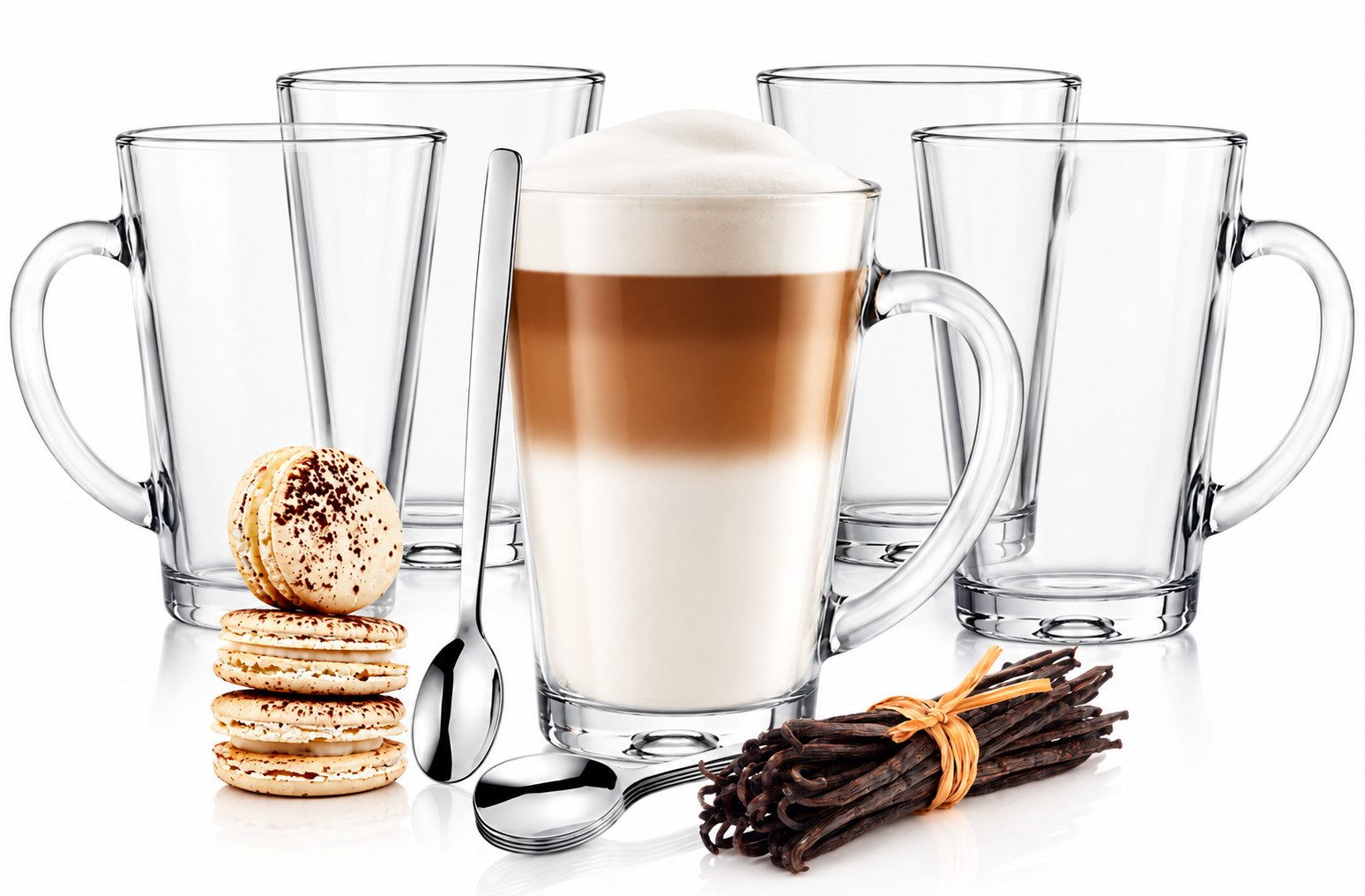 Sendez Latte-Macchiato-Glas 6 Latte Macchiato Gläser 300 ml + 6 Edelstahl-Löffel GRATIS, 12-tlg., Glas