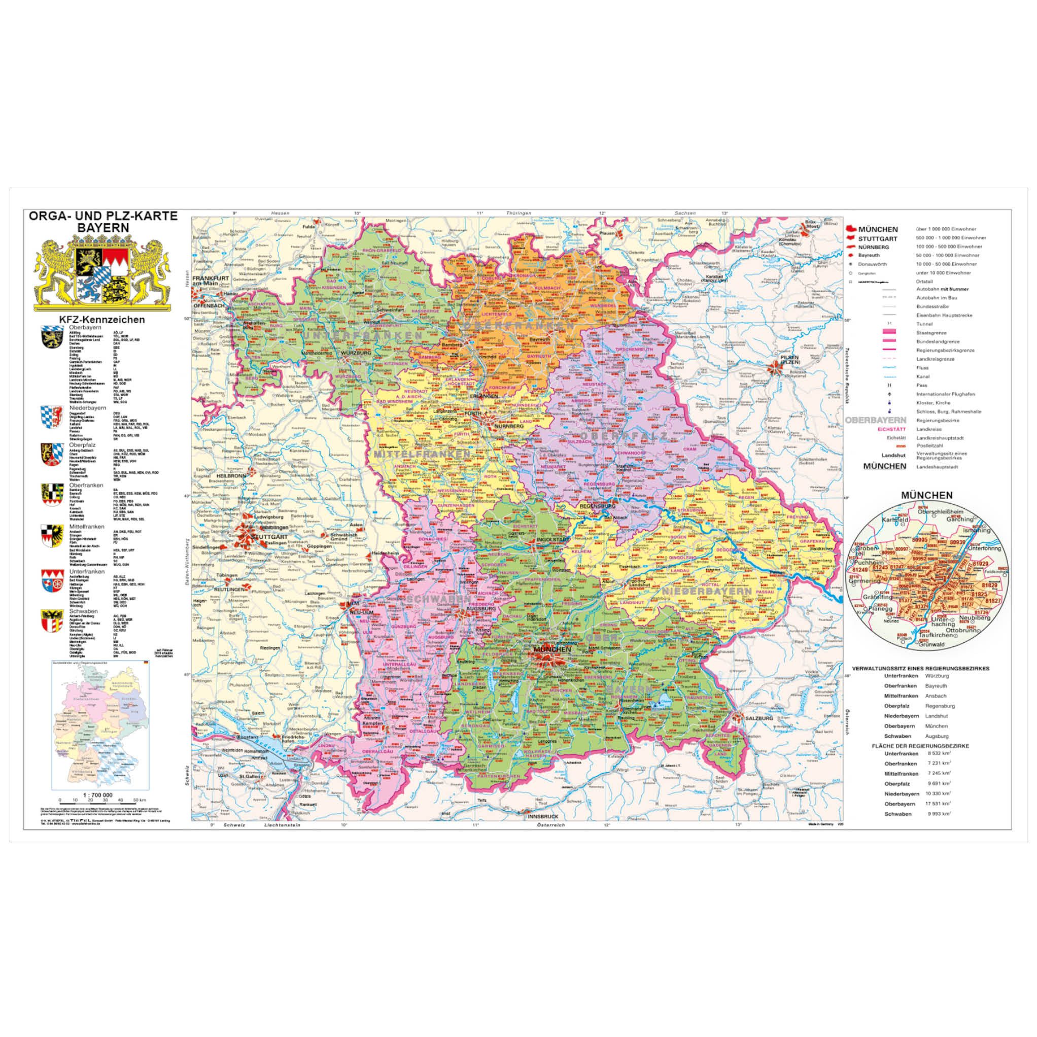 STIEFEL Poster Bayern politisch mit Postleitzahlen, 95 x 61 cm