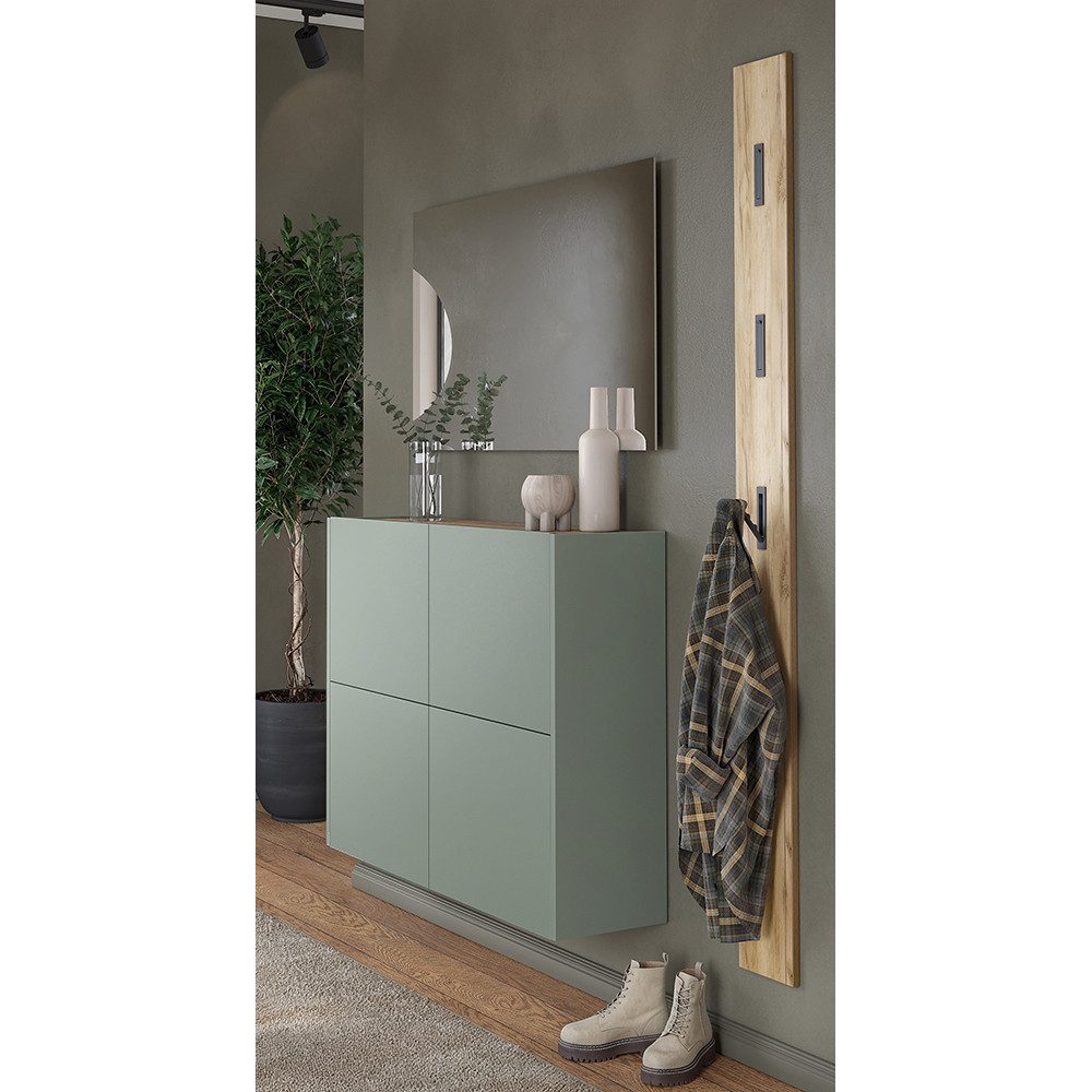 Lomadox Garderoben-Set BAIANO-01, (Spar-Set, 3-St., Garderobenpaneel Garderobenspiegel Schuhschrank), in grün und Eiche, grifflos, Push-to-Open