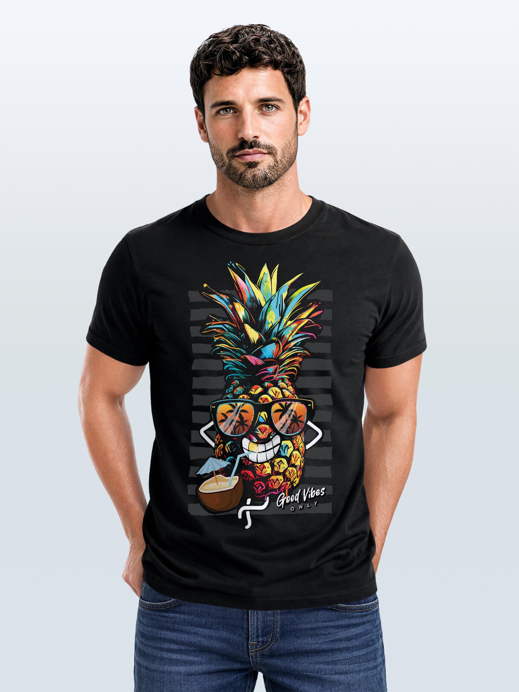 Neverless Print-Shirt Herren T-Shirt Ananas Good Vibes Sommer Sonne Party Cocktail Fashion mit Print