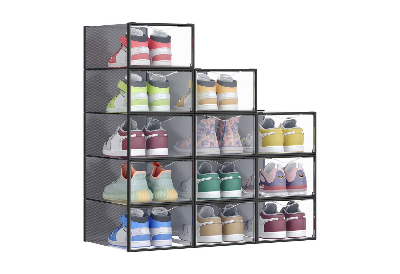 SONGMICS Schuhbox Schuh-Organizer aus Kunststoff, mit Tür, durchsichtig, stapelbar (12 St), einfache Montage, 33,2x23x14,5 cm, 12er Set, für Schuhe bis Größe 43