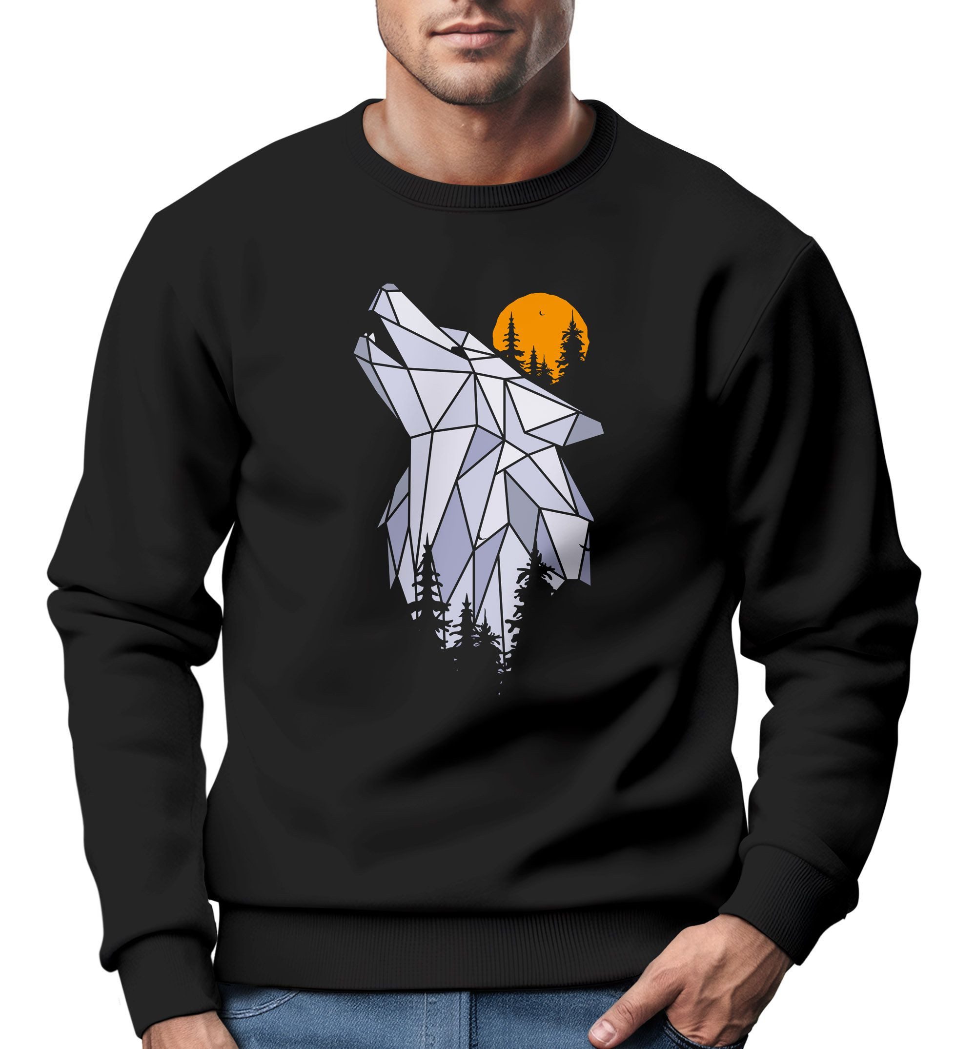 Sweatshirt Sweatshirt Herren Polygon Print Wolf Wald Outdoor Adventure Natur