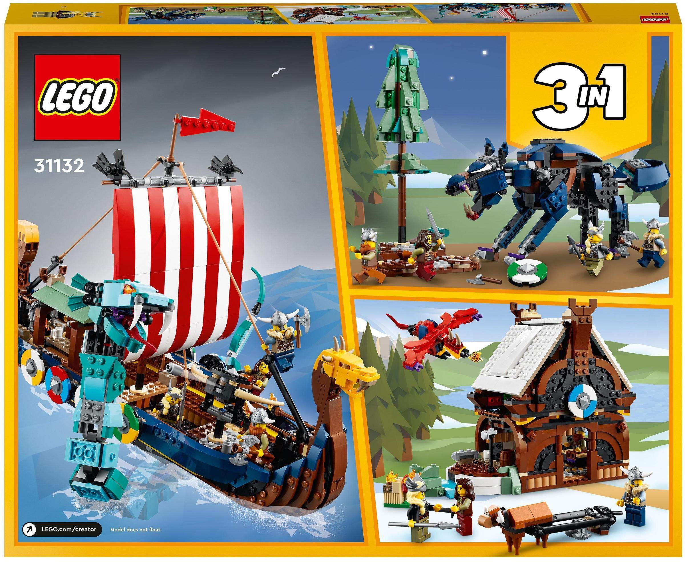 LEGO® Konstruktionsspielsteine Wikingerschiff Creator LEGO® (1192 (31132), in mit Europe St), 3in1, Midgardschlange Made