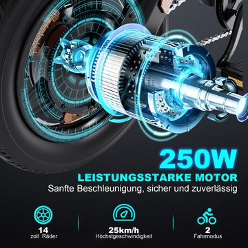 ELEKGO E-Bike 14 Zoll Elektrofahrrad mit 280,8Wh Akku City E bike maximal 40km, 1 Gang, Heckmotor, (Mit Ladegerät, Werkzeug, Pumpe, Schloss), max. 25km/h für Erwachsene