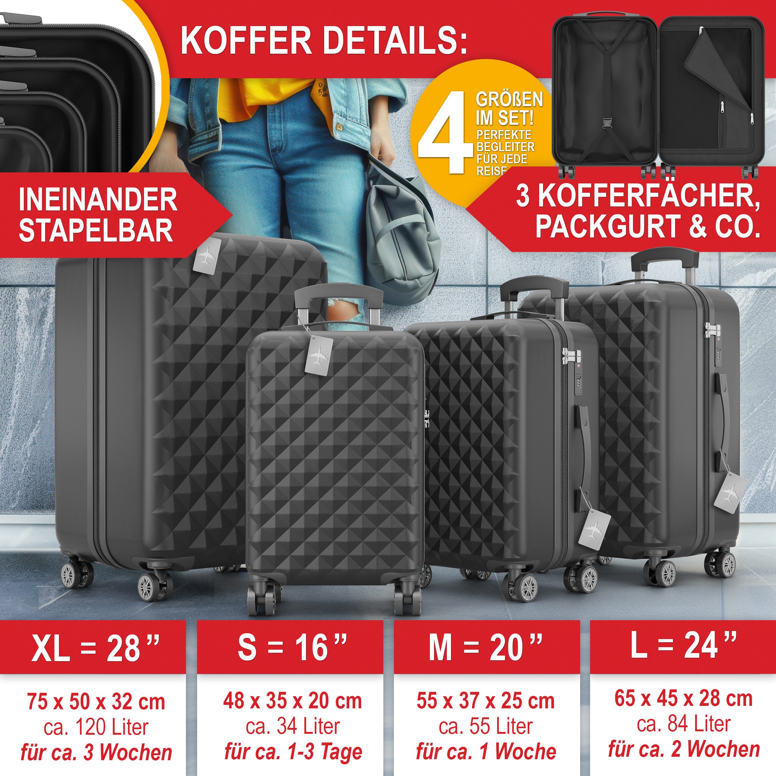 Onbest Kofferset 4er Hartschalen Trolley PREMIUM S-M-L-XL TSA-Schloss, (4 t günstig online kaufen