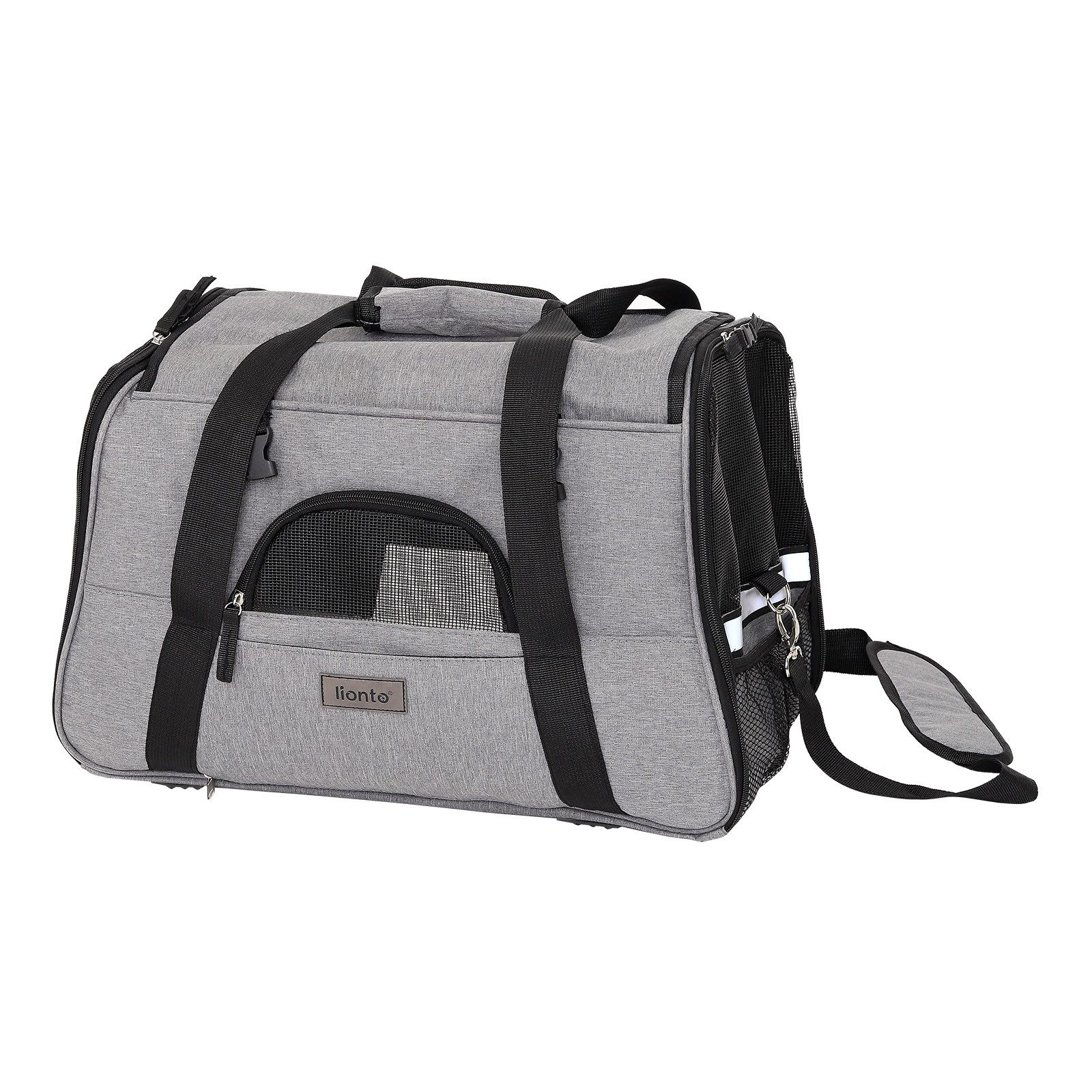 lionto Tiertransportbox weich, Transporttasche 48,5x27x31,5 cm bis 10 kg, mit Tragegriffen, Schultergurt und Koffergriffhalterung