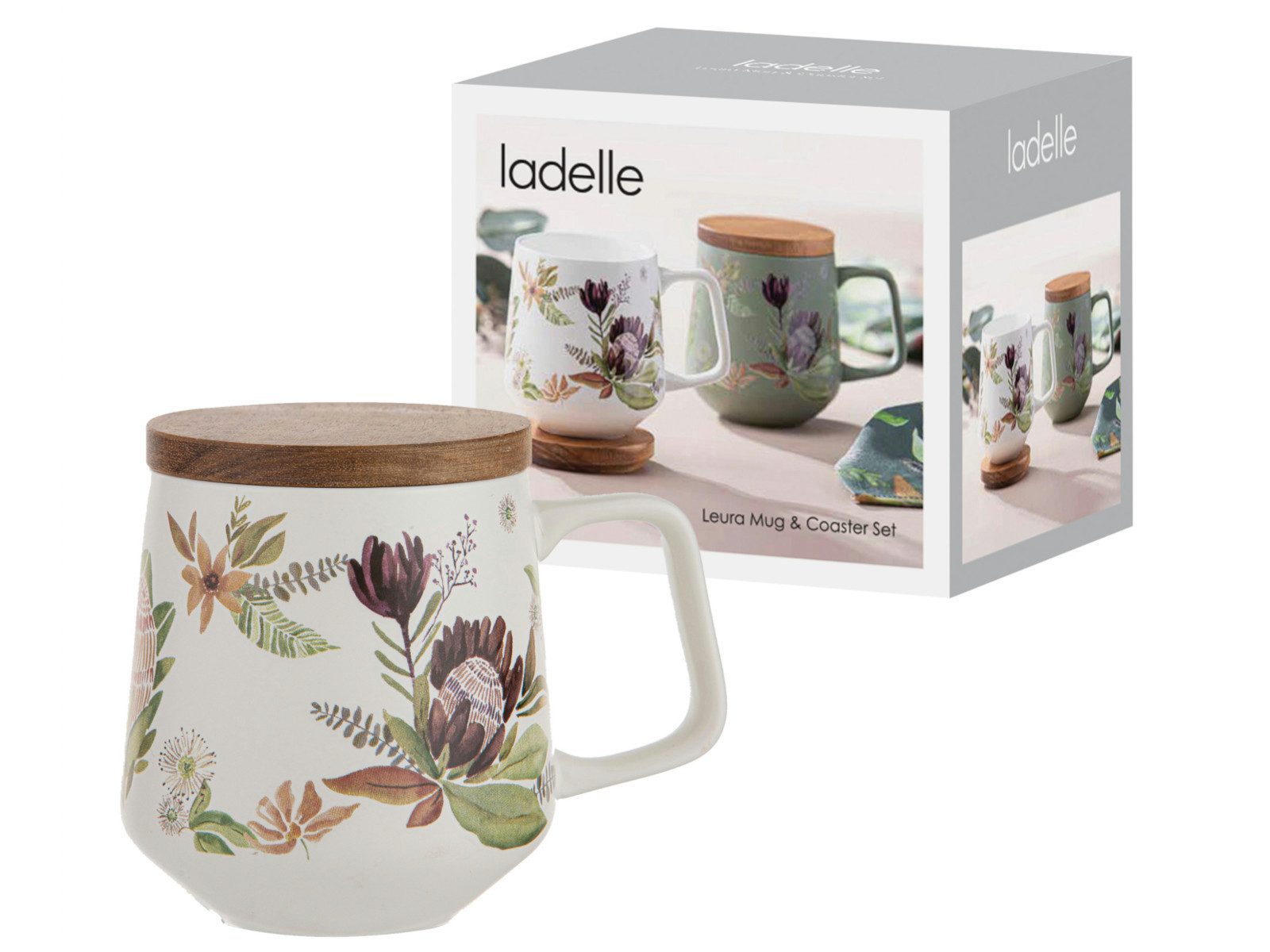 Ladelle Becher Leura Becher- & Untersetzerset cremeweiß, Porzellan / Akazie