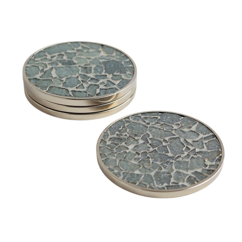 Macosa Home Getränkeuntersetzer Untersetzer 4 Stück rund Metall Holz 10 cm Blau Grau od. Grün, Untersetzerset Mosaik Optik, Glasuntersetzer Tischuntersetzer Getränke