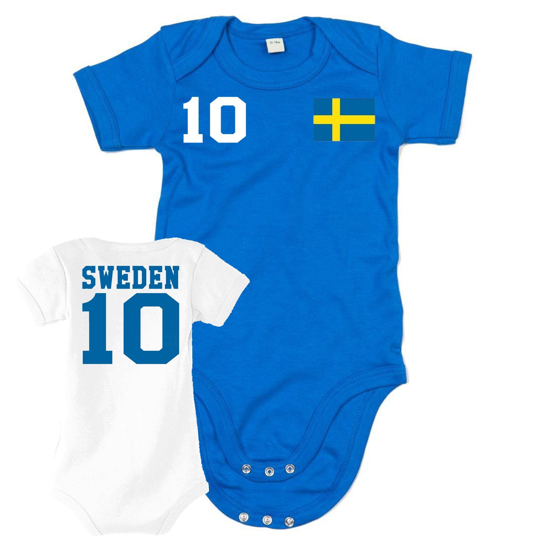 Blondie & Brownie Strampler Schweden Kinder Baby Sport Trikot Body Fussball Meister WM Europa EM Weiss/Blau | Sommeroveralls