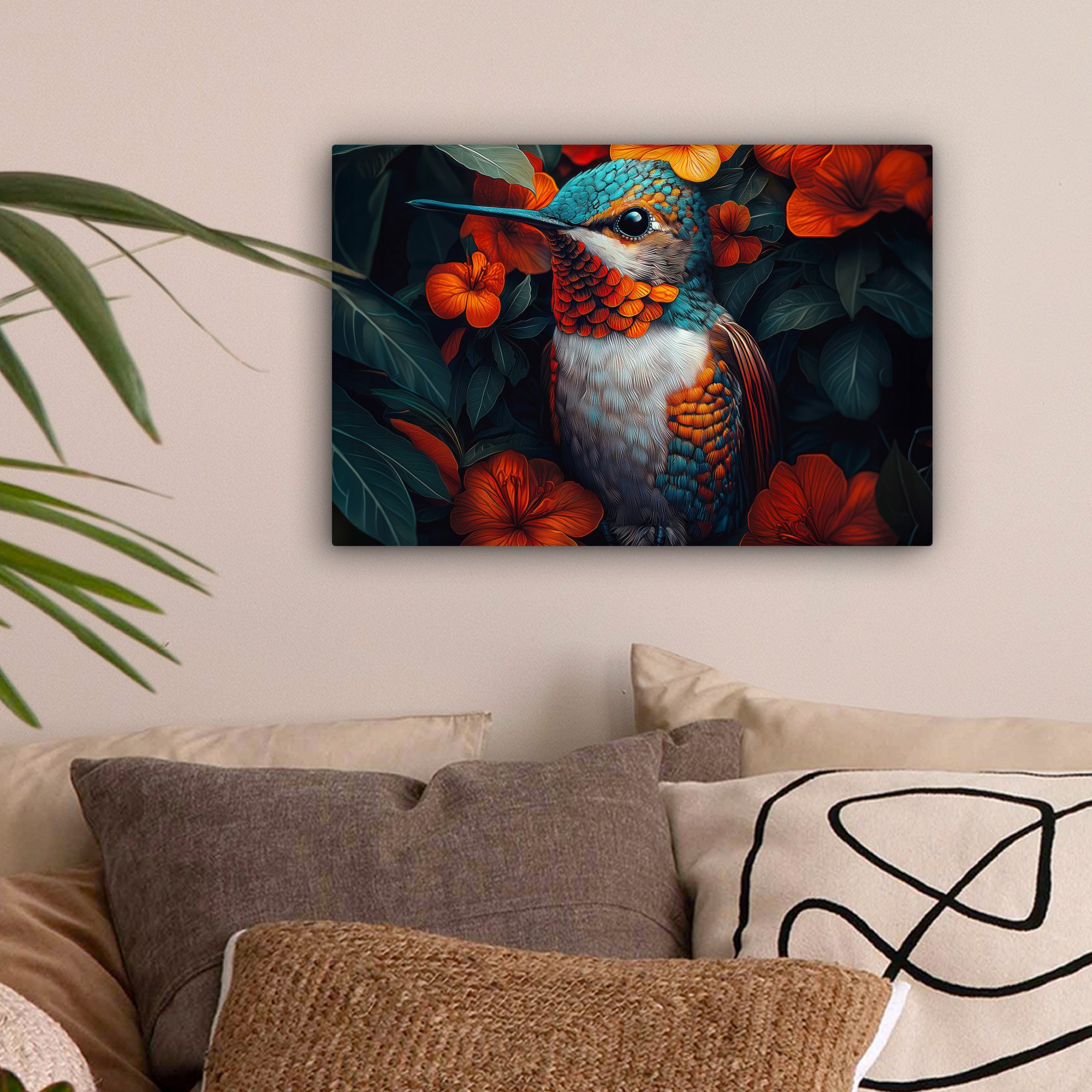 OneMillionCanvasses® Leinwandbild Kolibri - Vogel - Farbenfroh - Orange Blumen, Fotodruck (1 St), Leinwand Canvas Wandbild, Wanddekoration 20x30 cm – Bild 2 von 5