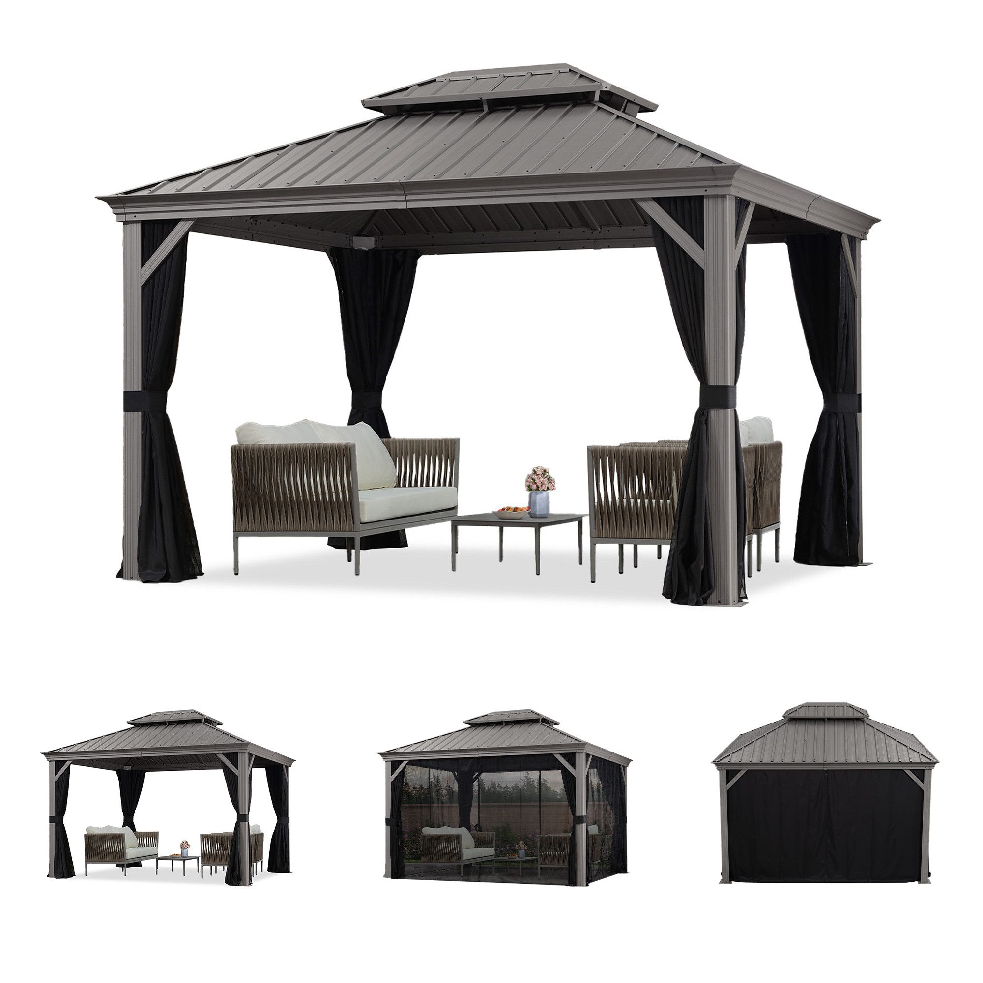 PURPLE LEAF Pavillon Außenbereich Alu Gartenpavillon, Gazebo mit Stahldach Hardtop, 300x365 CM, Gazebo Inklusive Vorhänge und Fliegengitter,für Terrasse