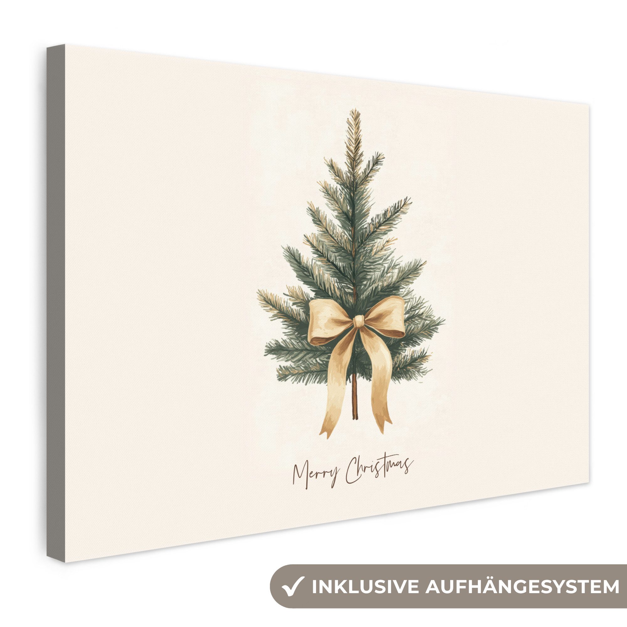 OneMillionCanvasses® Leinwandbild Weihnachtsbaum - Weihnachten - Frohe Weihnachten - Beige, Fotodruck (1 St), Leinwand Bilder Klein, Wand Dekoration Aesthetic 30x20 cm