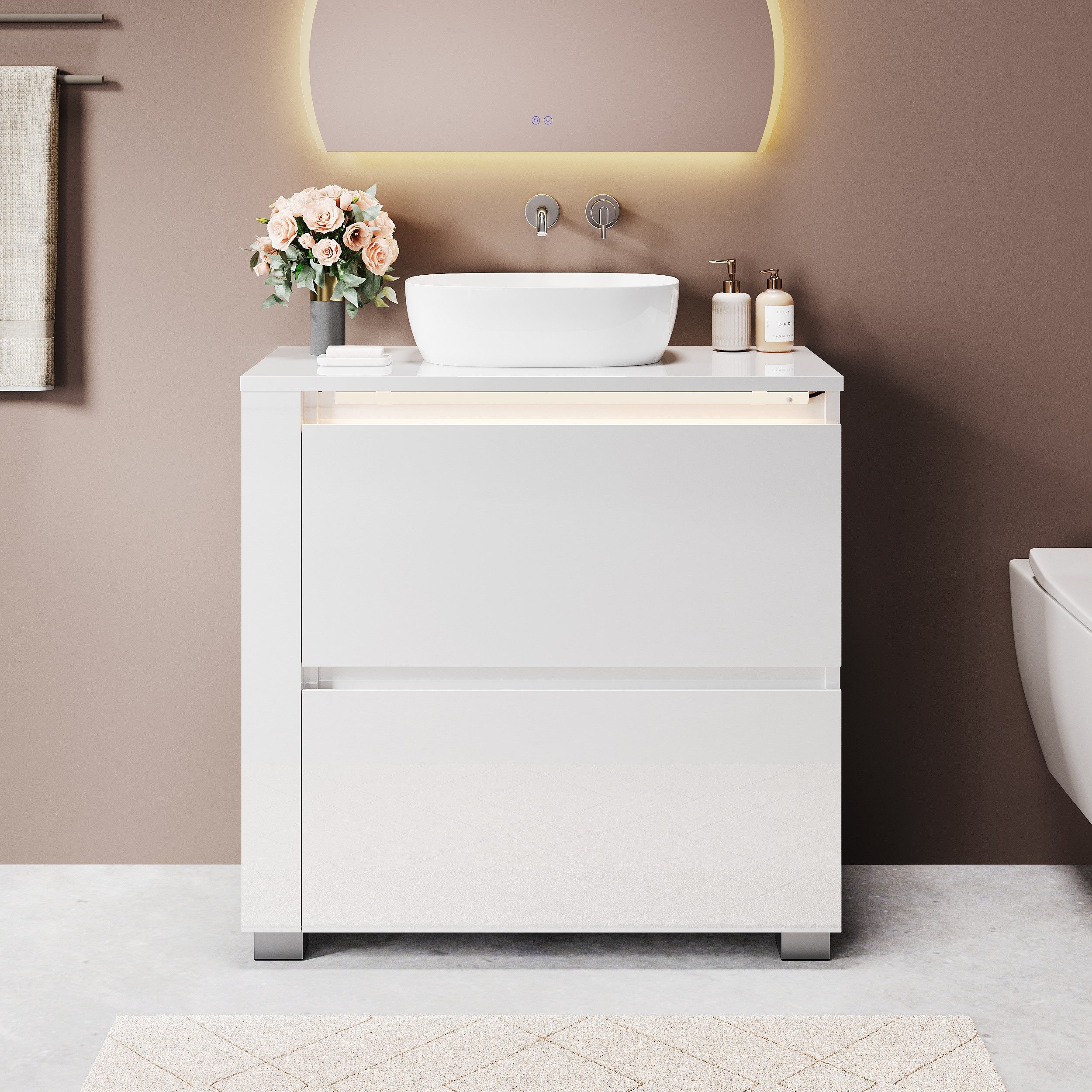 SONNI Waschbeckenunterschrank Waschbeckenunterschrank Breite 60 cm mit Sensorleuchte UV-Hochglanz, Sensorleuchte, grifflos, hängend/stehend, Badmöbel