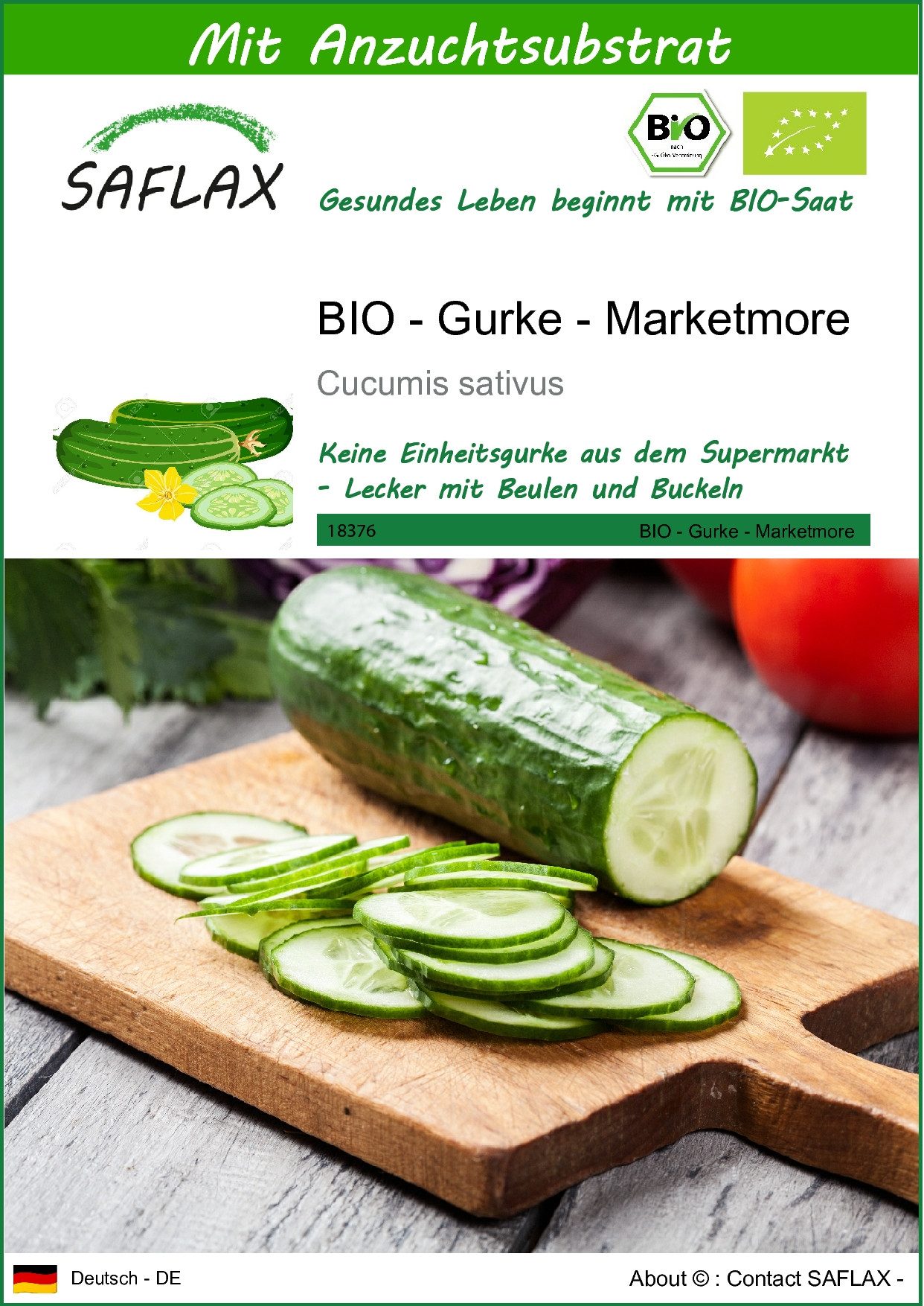 Gemüsesamen SAFLAX - Samen und Substrat - BIO - Gurke - Marketmore