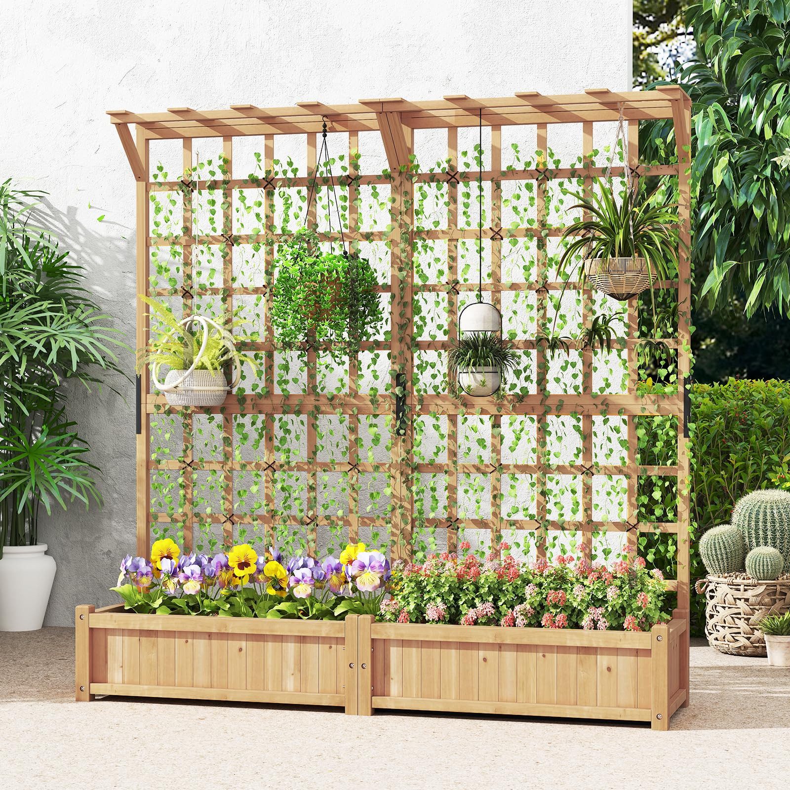 COSTWAY Hochbeet (1 St), Blumenkasten mit Spalier & Dach, für Kletterpflanzen, 180x48x183cm