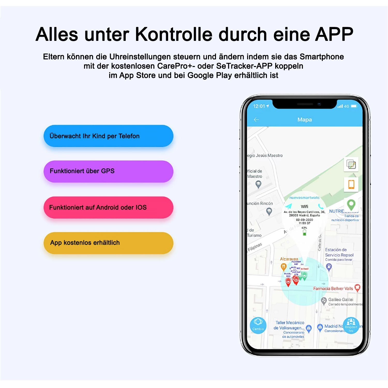 TPFNet SW10 mit Silikon Armband - für Kinder mit SOS und GPS Funktion Smartwatch (Android), Kinder mit Kamera für Videotelefonie, Herzfrequenz, Schrittzähler, Taschenrechner, Schlafüberwachung etc. Schwarz