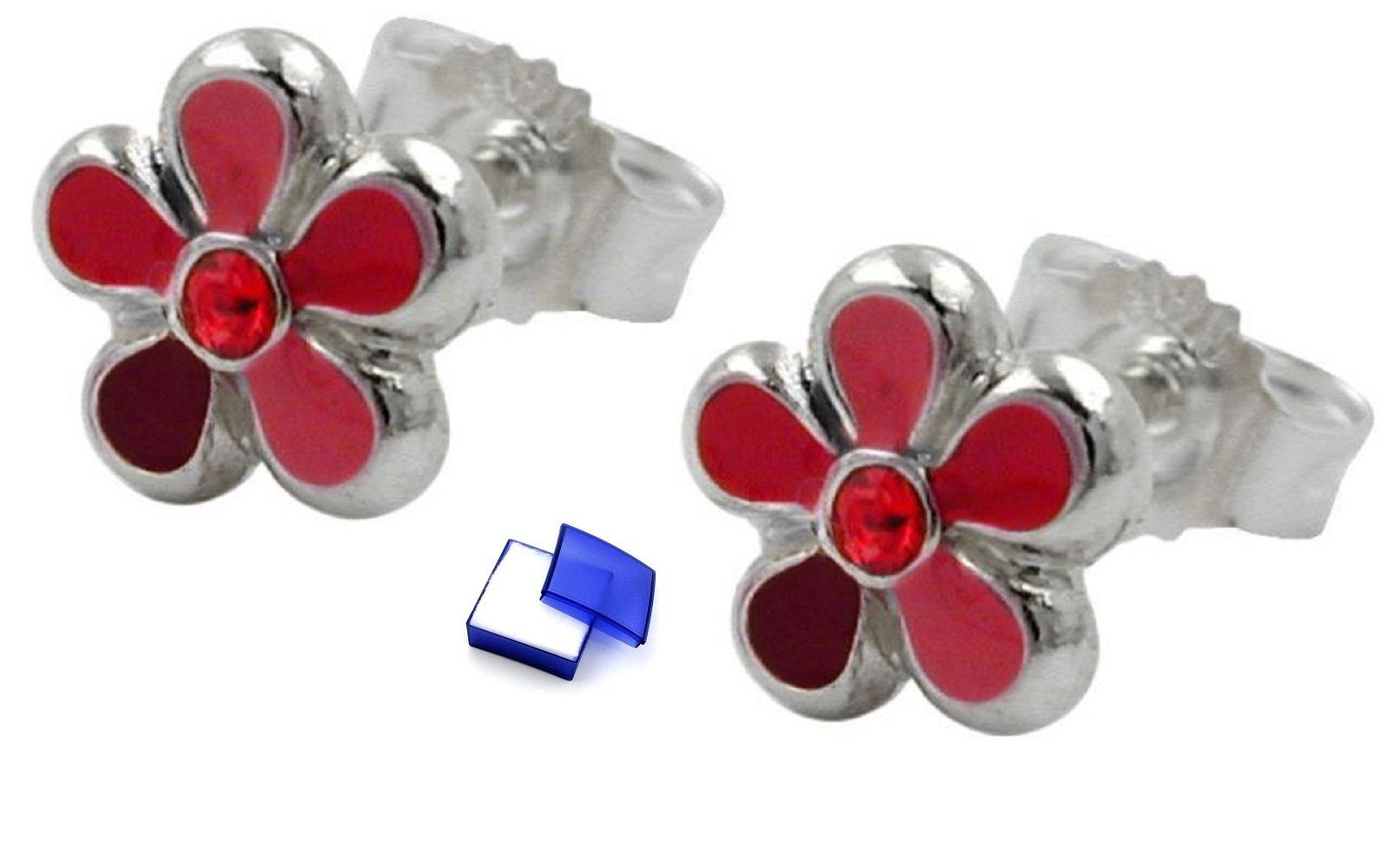 unbespielt Paar Ohrstecker Kinderohrringe 6,5 mm Stecker Blume rot lackiert 925 Silber inklusive Schmuckbox, Silberschmuck für Kinder