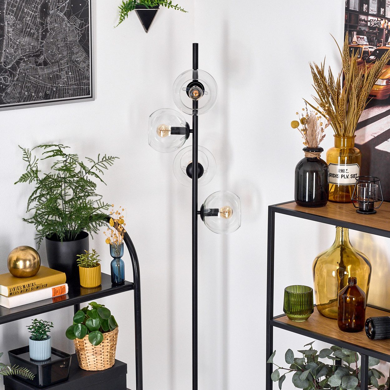 hofstein Stehlampe Stehlampe aus Metall/Glas in Schwarz/Klar, Retro/Vintage-Design, ohne Leuchtmittel, moderne Stehleuchte, Ø Schirme 15 cm, Fußschalter, 160 cm, E14