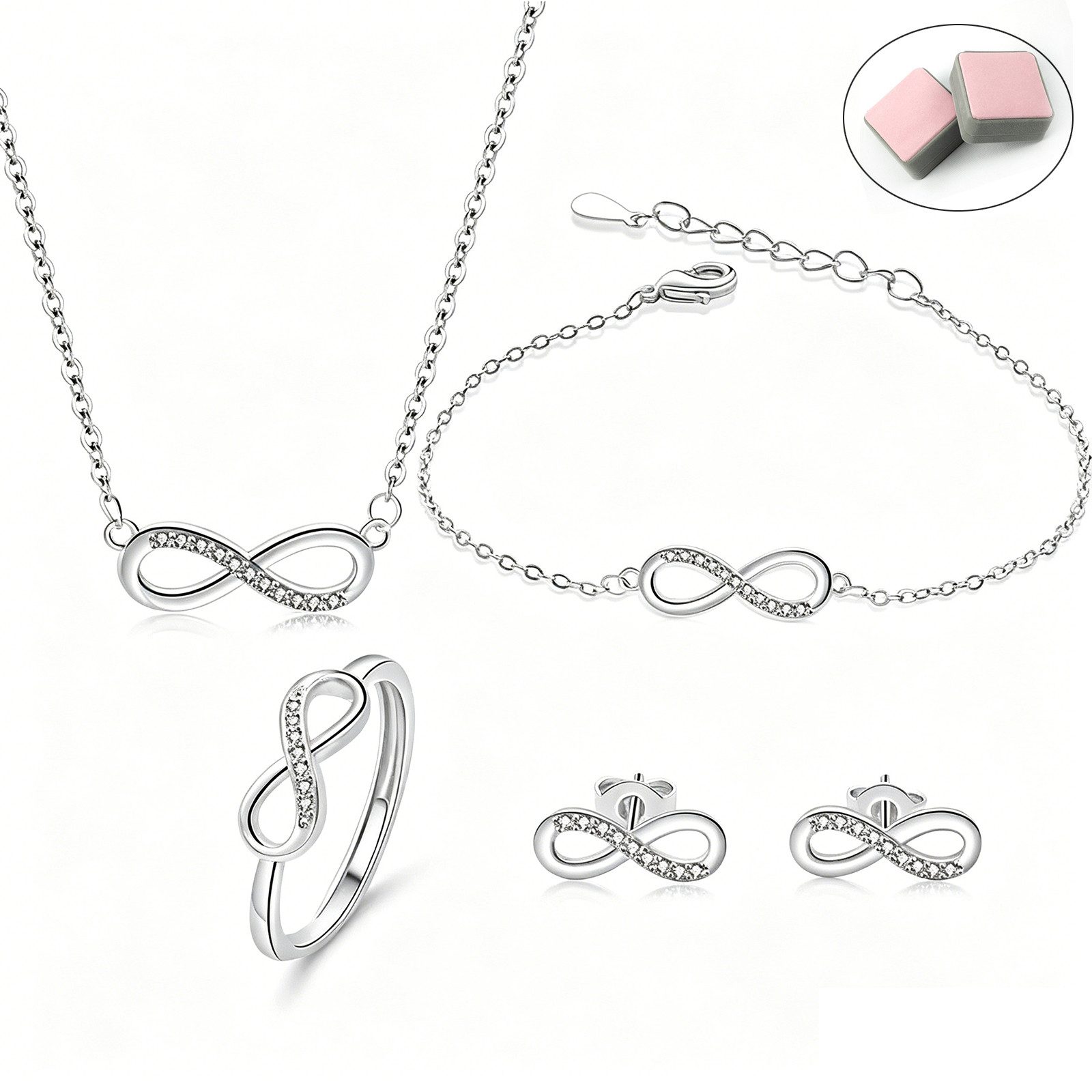 MOPUEA Schmuckset Schmuckset Damen 4-teilig Unendlichkeits Symbol mit Zirkonia (Schmuckset, Halskette, Armband, Ring und Ohrstecker im Set), 4-teilig, Zirkonia, elegant, Geschenkbox inklusive