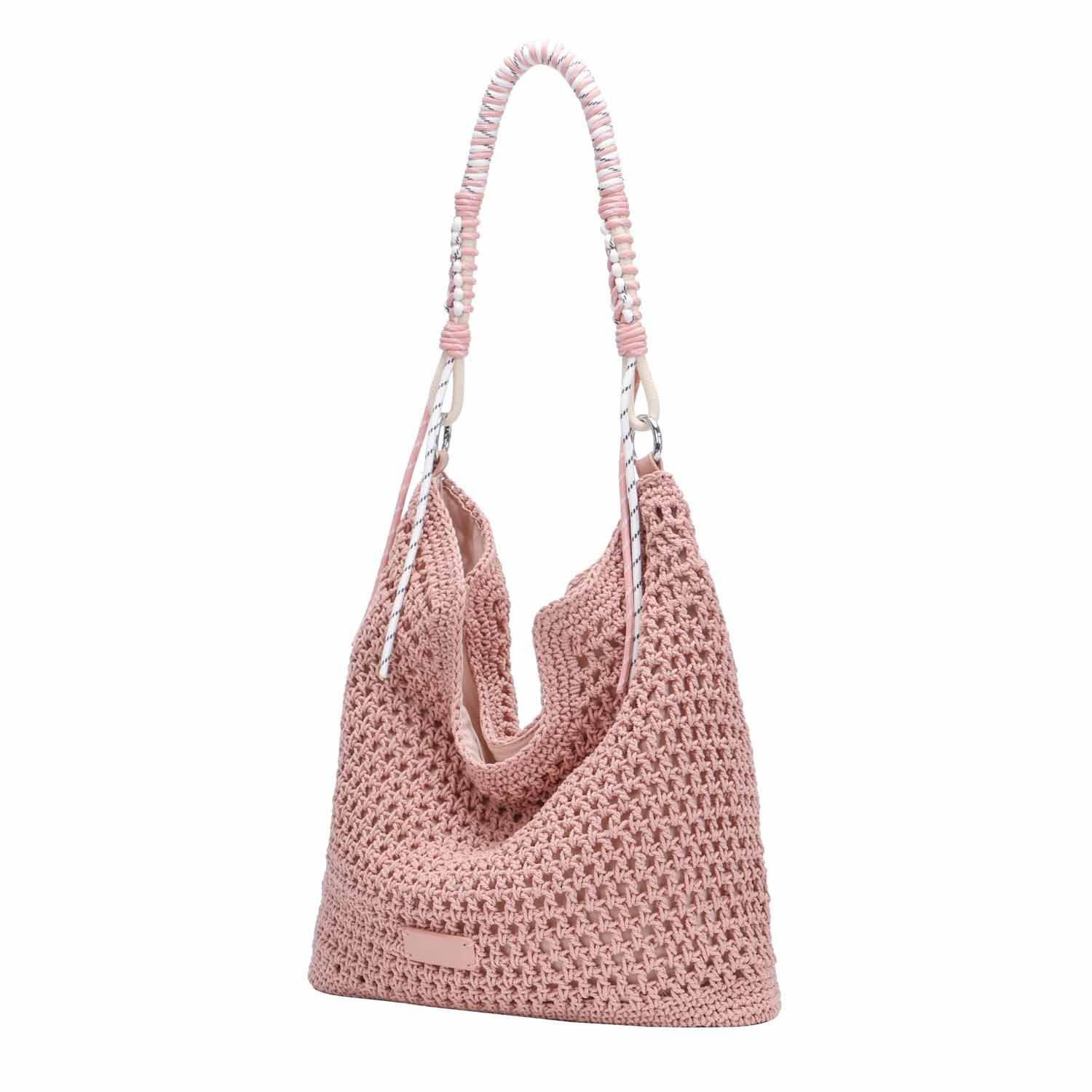 ITALYSHOP24 Schultertasche DAMEN TASCHE Hobo Shopper Häkeltasche Boho Geflecht Freizeit Urlaub, Sommer Basttasche Strand Reise Beuteltasche Stroh Handtasche Kordel