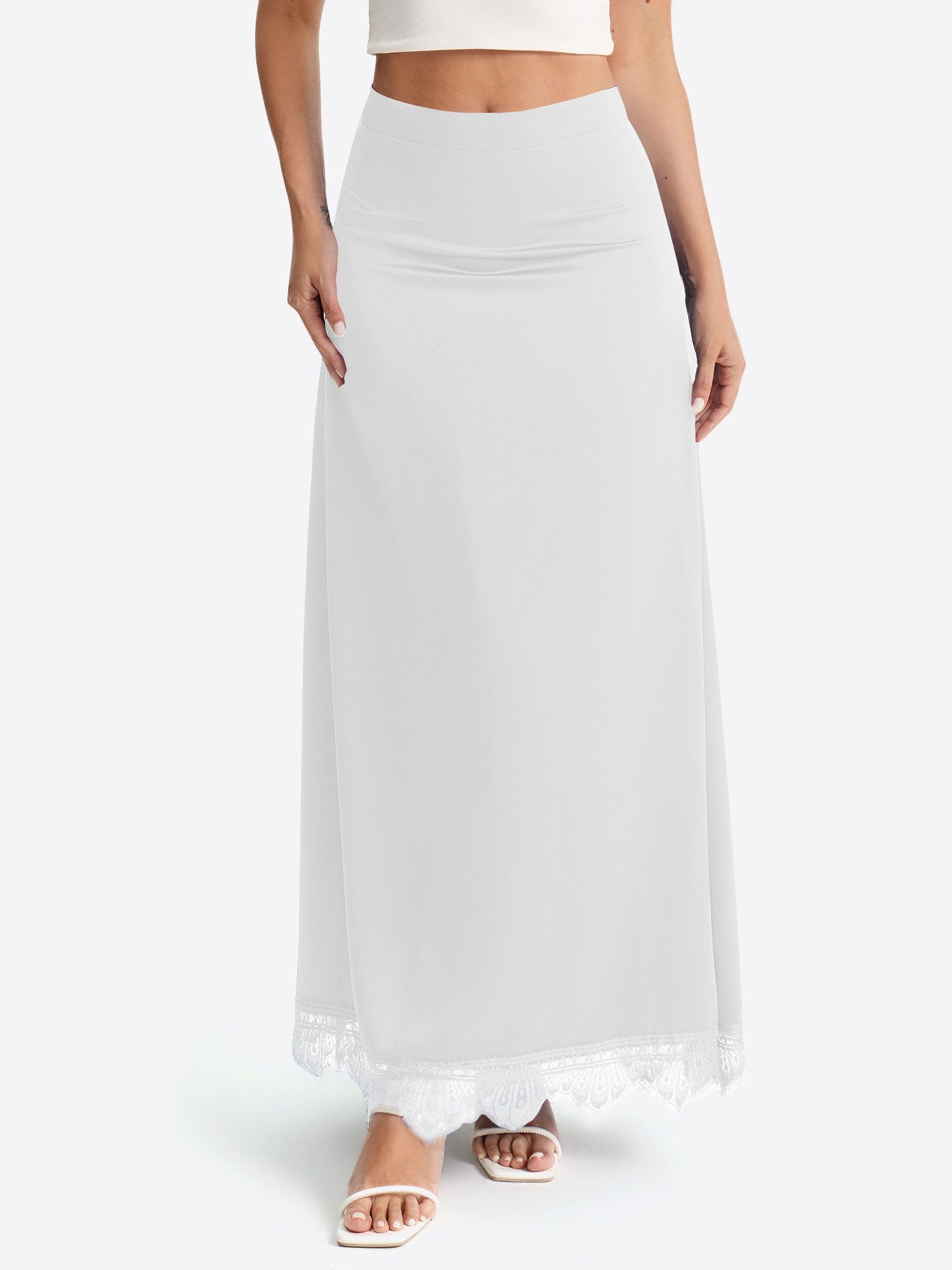 Maxirock Damen Maxirock aus Satin mit Spitzenrand