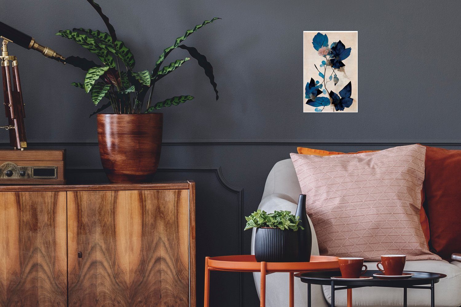 MuchoWow Poster Pflanzen - Blätter - Blau - Blumen, (1 St), Poster, Wandbild, Wandposter für Wohnzimmer, Ohne Rahmen