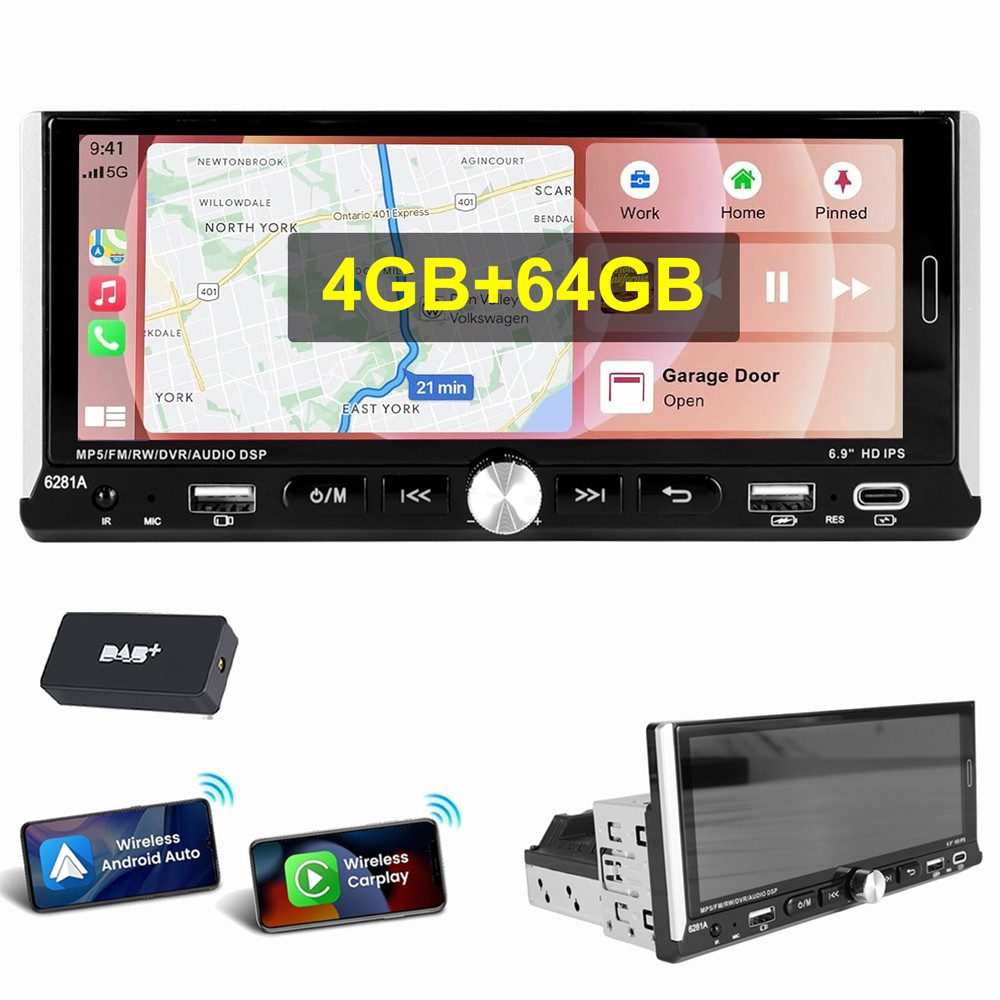 ESSGOO 4GB+64GB Single 1DIN Android 15 Apple Carplay Android Auto GPS WiFi Navigationsgerät (Carplay Android Auto Bluetooth FM AM RDS WIFI GPS)