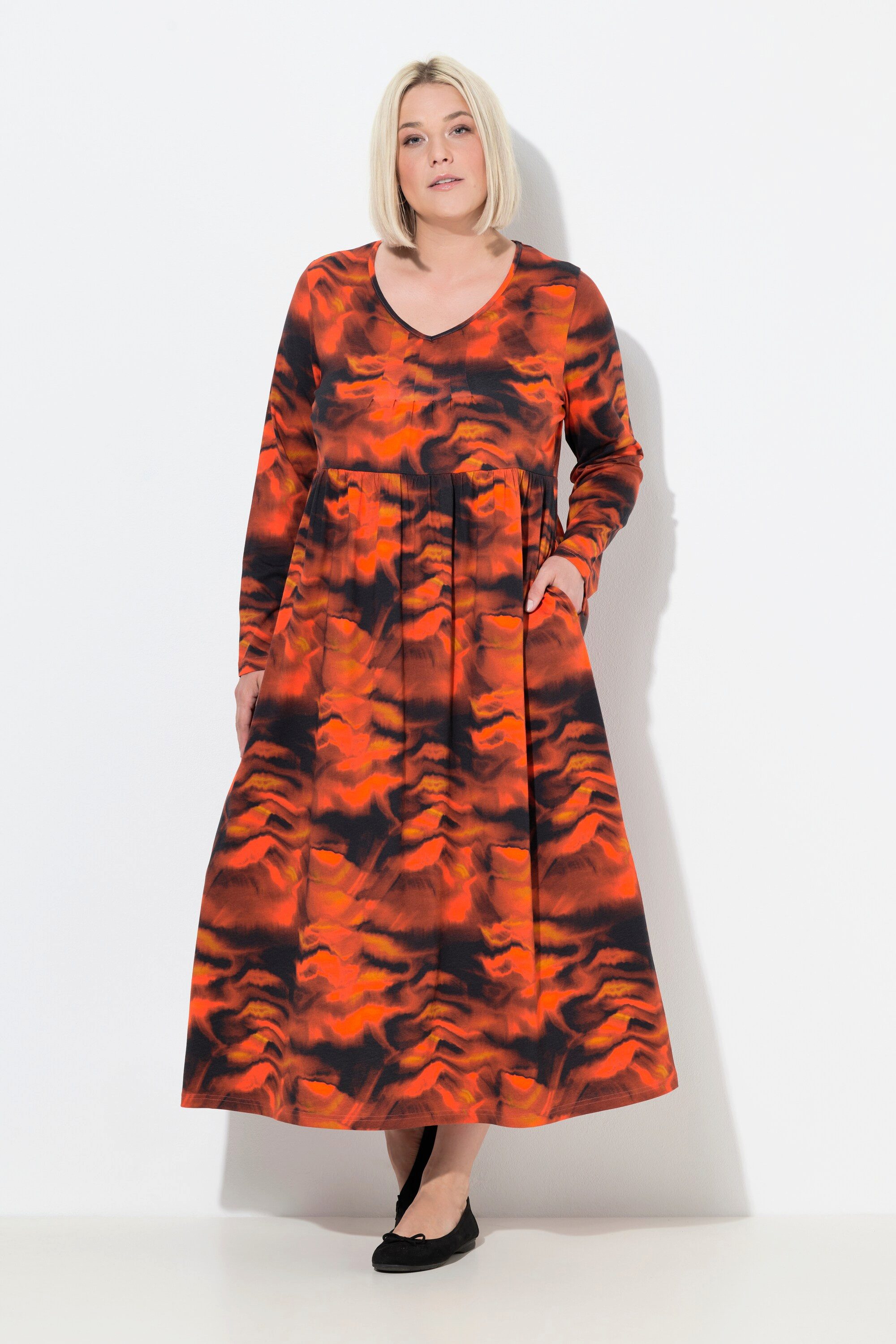 Ulla Popken Maxikleid Maxikleid A-Linie V-Ausschnitt Langarm Taschen