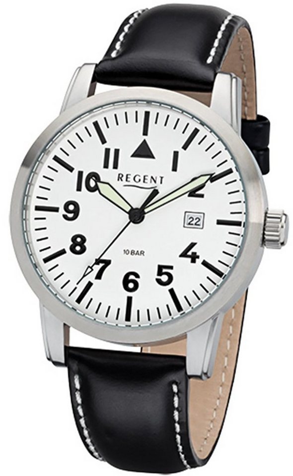 Regent Quarzuhr Regent Herren-Armbanduhr schwarz Analog, Herren Armbanduhr  rund, groß (ca. 41mm), Lederarmband, Leuchtzeiger
