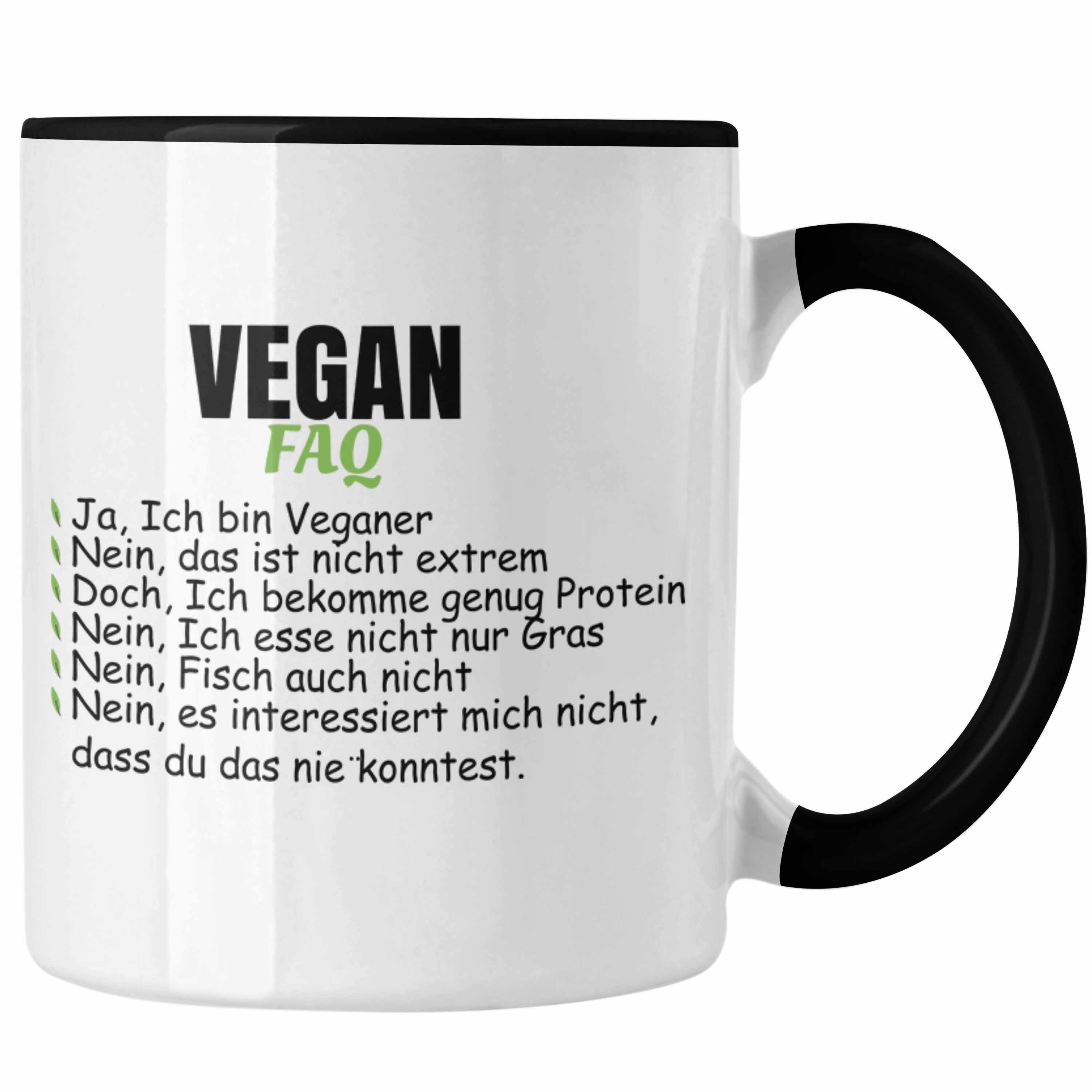 Trendation Tasse Trendation - Veganer Tasse Geschenk FAQ Vegan Geschenkidee Lustiger Spruch Vegane Lebensweise Spruch Schwarz